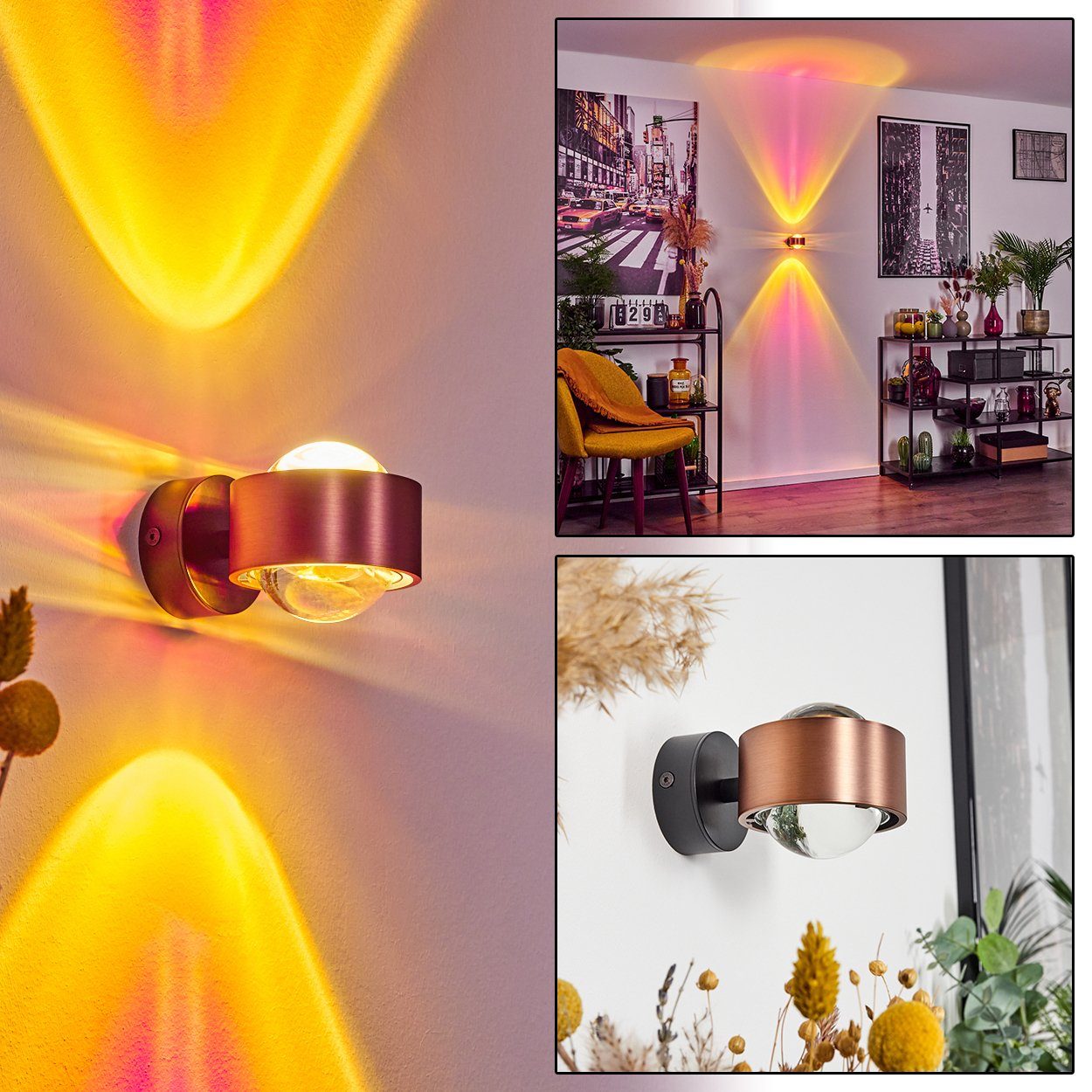 magenta Farbfilter Metall/Glas, moderner »Osacca« hofstein Wandspot Wandleuchte mit Kupferfarben/Schwarz/Klar, Up&Down, ohne Leuchtmittel, Lichteffekt, G9, Wandstrahler,