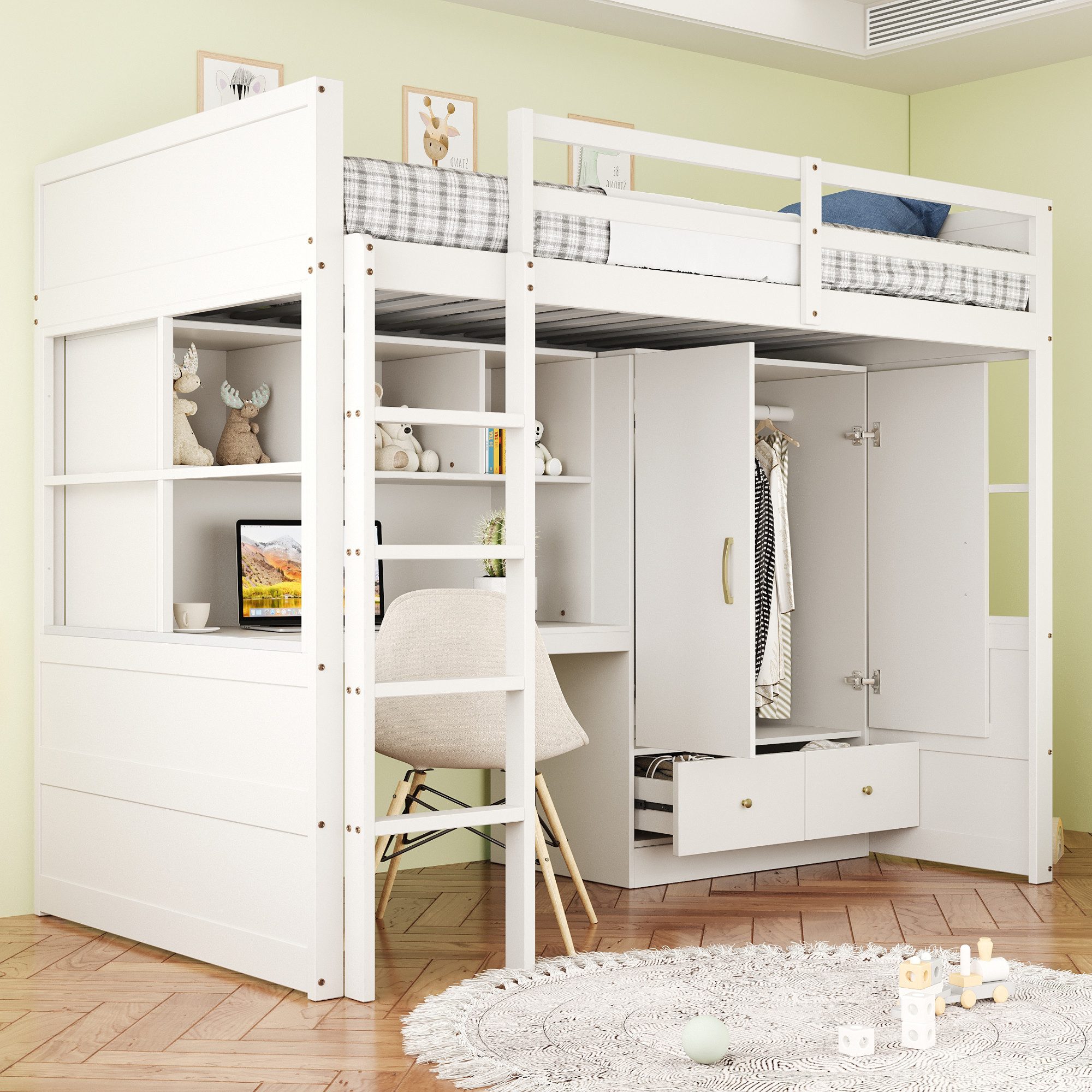 Hochbett 90x200 cm, Mit Leiter, Mit Schreibtisch, Mit Kleiderschrank Weiß