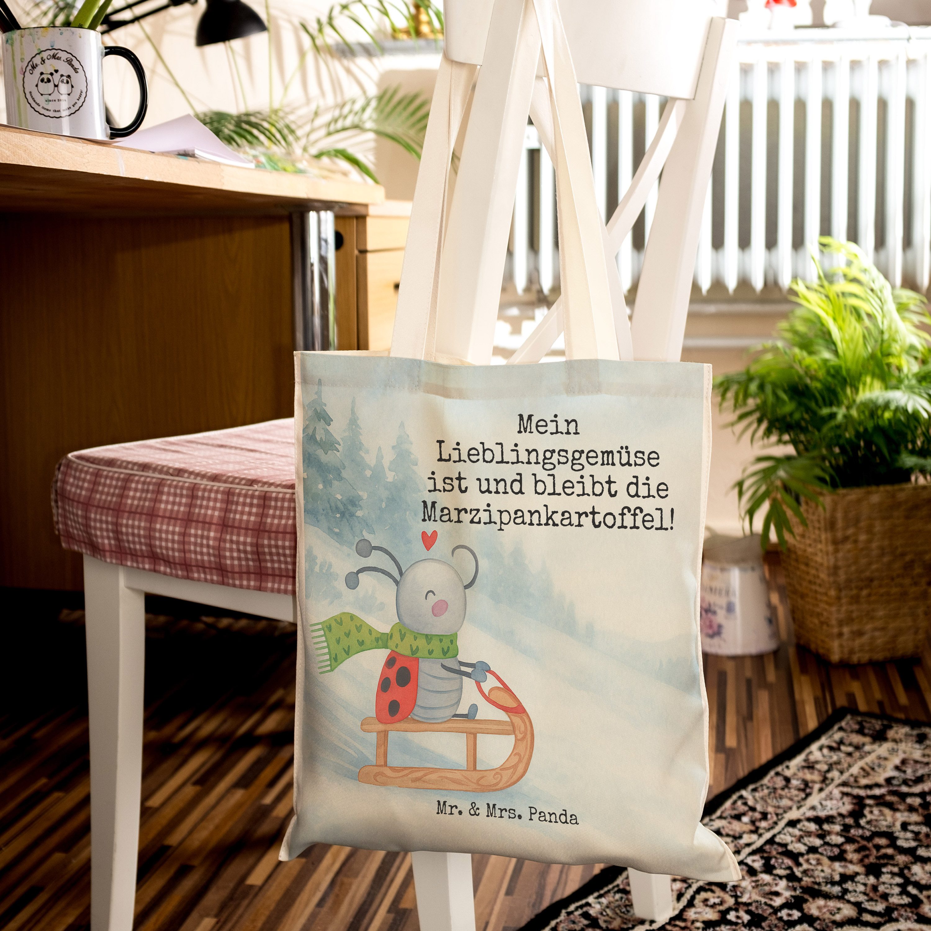 Mr. & Mrs. Panda Tragetasche Smörle Rodeln Design, Tote Bag, Weiß, Weihnachten, Stoffbeutel, Bag, (Packung), Shoppingtasche Beutel großer shopper