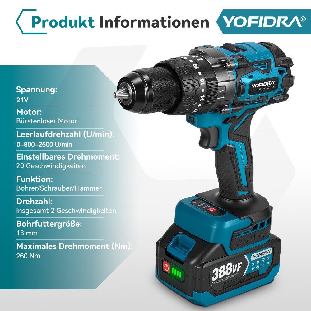 Yofidra Akku-Schlagbohrmaschine 21V Bohrschrauber mit 2x Akkus, 260 N.m Schlagbohrschrauber, max. 3200 U/min, 13 mm Metallbohrfutter, 2-Gang zum Schlagen, Bohren & Schrauben