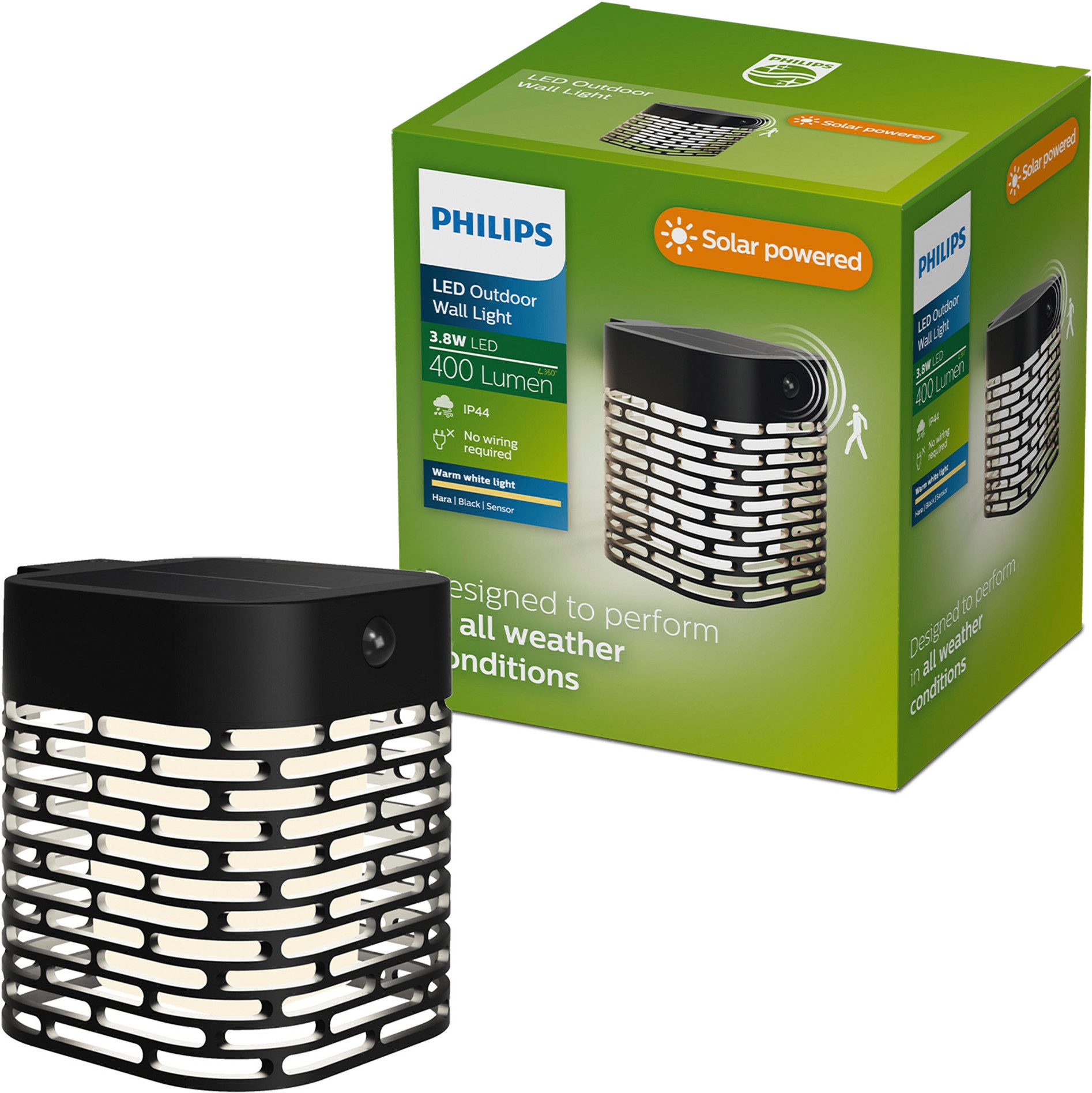 Philips LED Außen-Wandleuchte Outdoor Solar Hara, Abschaltautomatik, Bewegungsmelder, Tageslichtsensor, LED fest integriert, Warmweiß, Tageslicht- und Bewegungssensor, 2700 Kelvin, 400 Lumen, schwarz