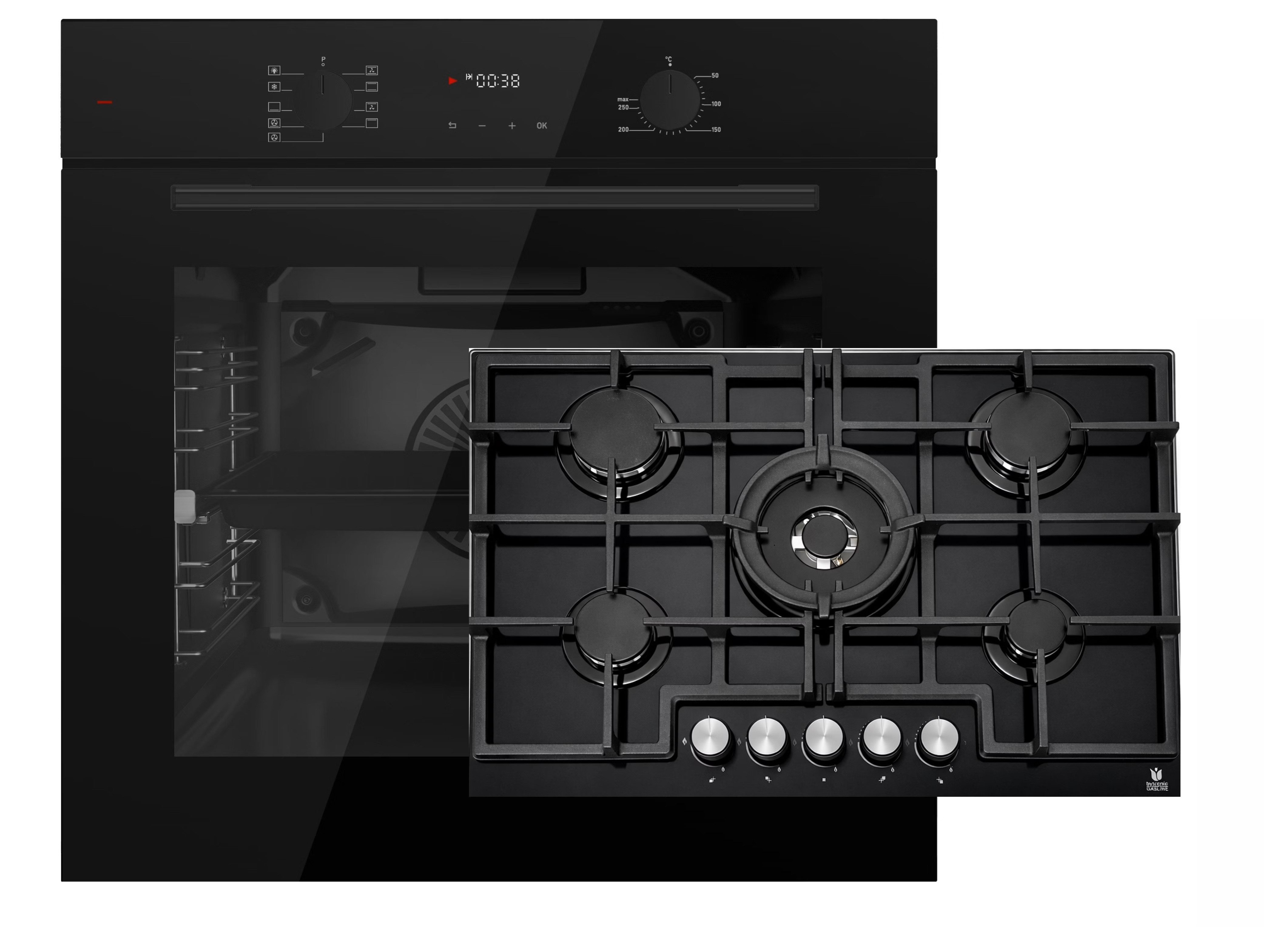 Böhme Elektro-Herd-Set Böhme Einbauherdset HB60F78PPB+Gasline Gaskochfeld GAG75GLG 75cm WOK, mit 1-fach-Teleskopauszug