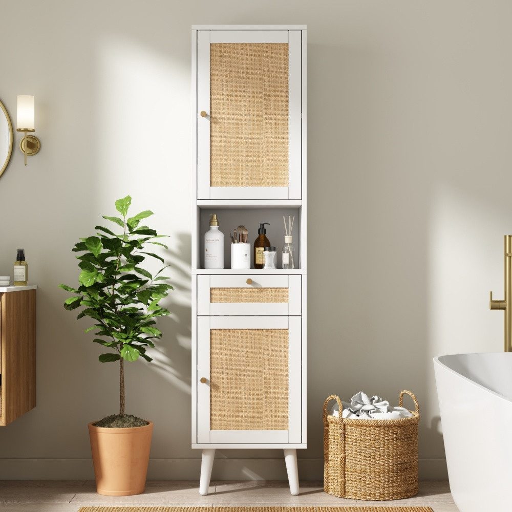 BBWL Hochschrank MDF, Rattan-Türen, Schublade, Soft-Close, Magnetverschluss, Badezimmer-Hochschrank 40×30×166 cm, platzsparend