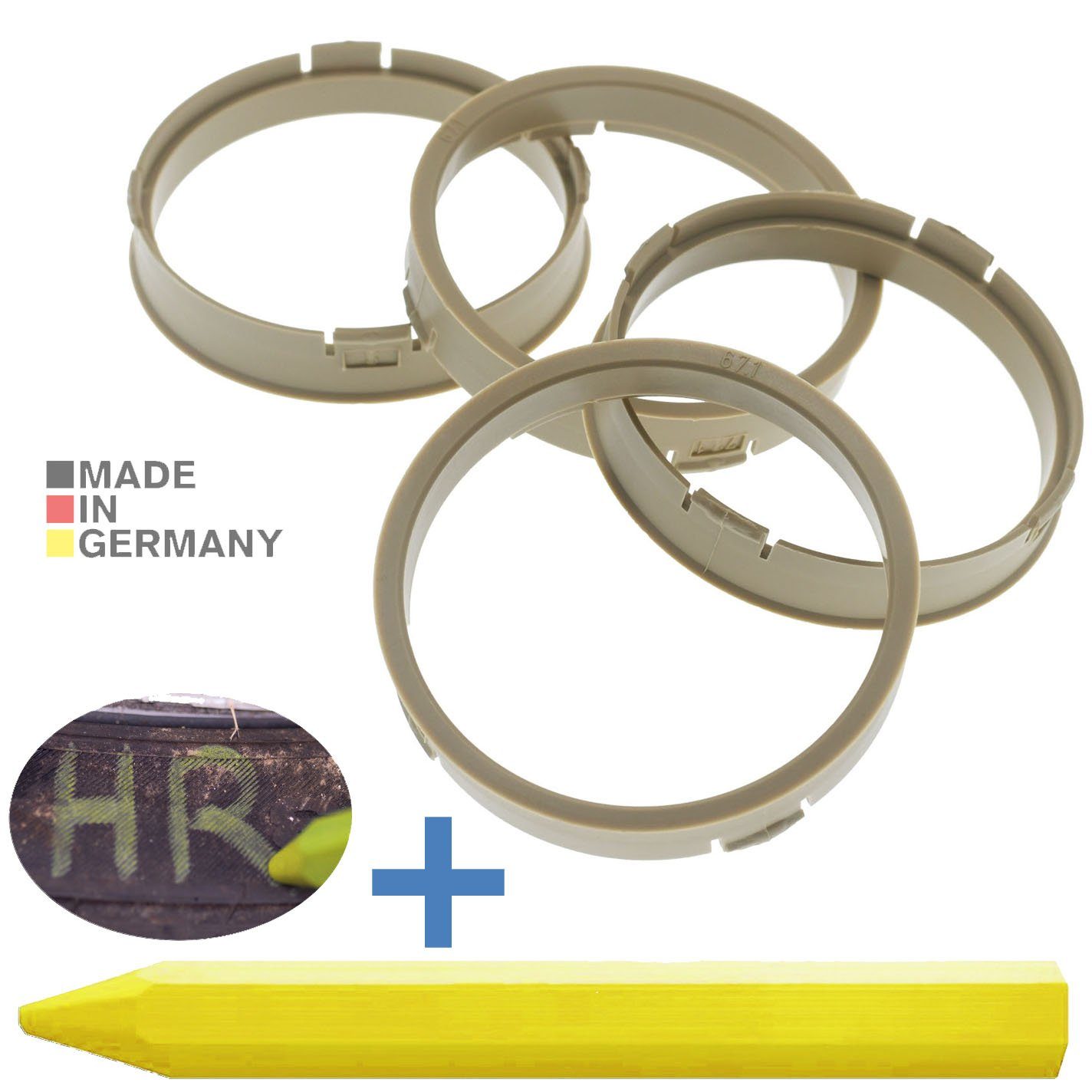 RKC Reifenstift 4X Zentrierringe Beige Felgen Ringe + 1x Reifen Kreide Fett Stift, Maße: 73,1 x 67,1 mm