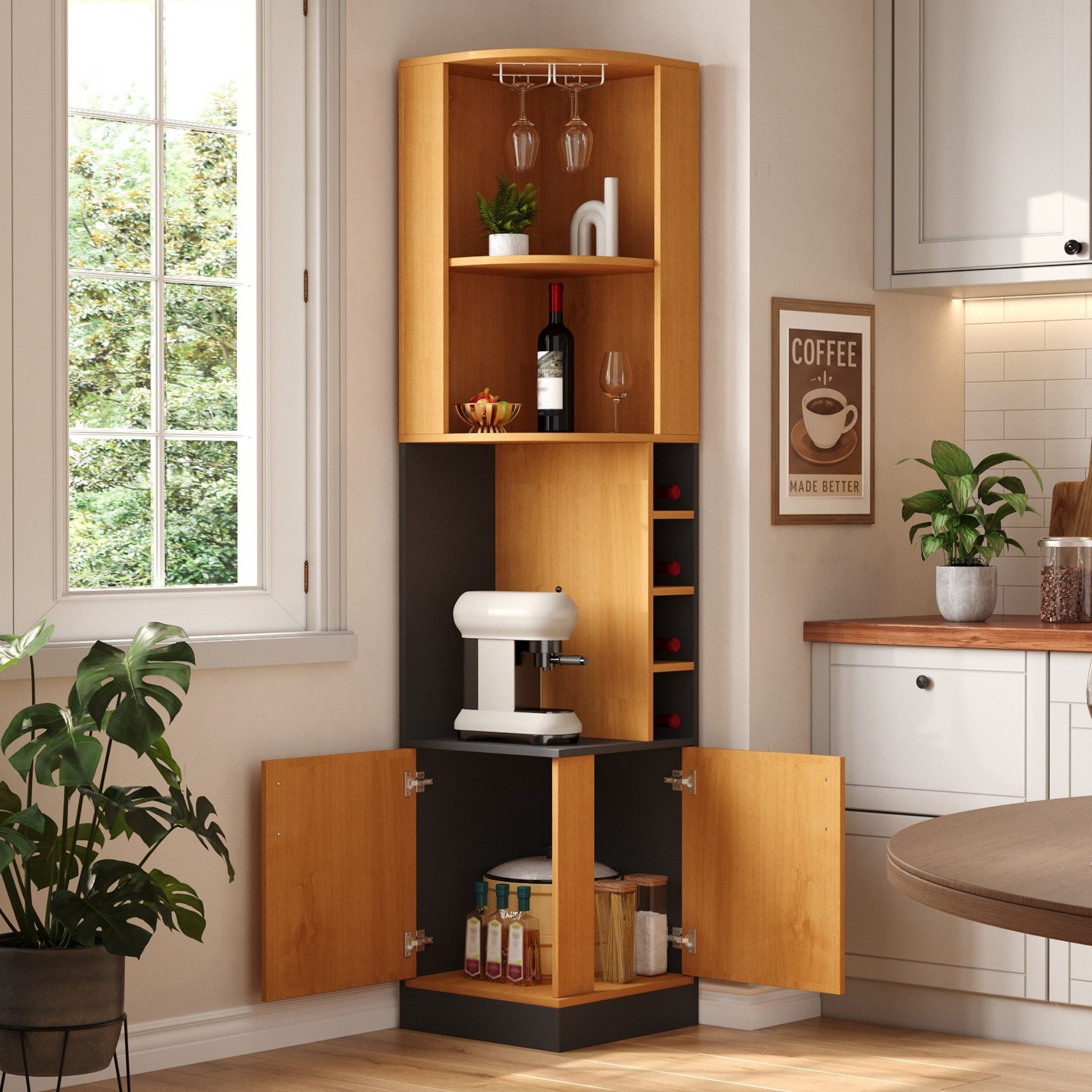 Flieks Eckschrank Hochschrank mit Weinglasregal, Gläserhalter, Ablagen und 2 Türen (40×40×182 cm, 1-St) Mehrzweckschrank Eckregal Küchenschrank Landhausstil Natur