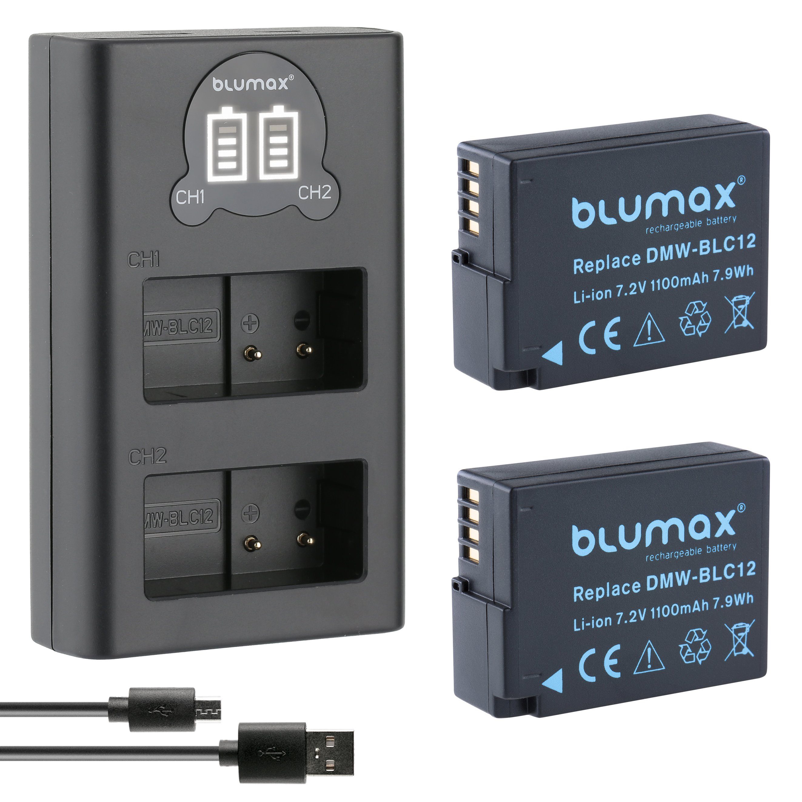 Blumax Set mit Lader für Panasonic DMW-BLC12 1100 mAh7,2V Kamera-Akku