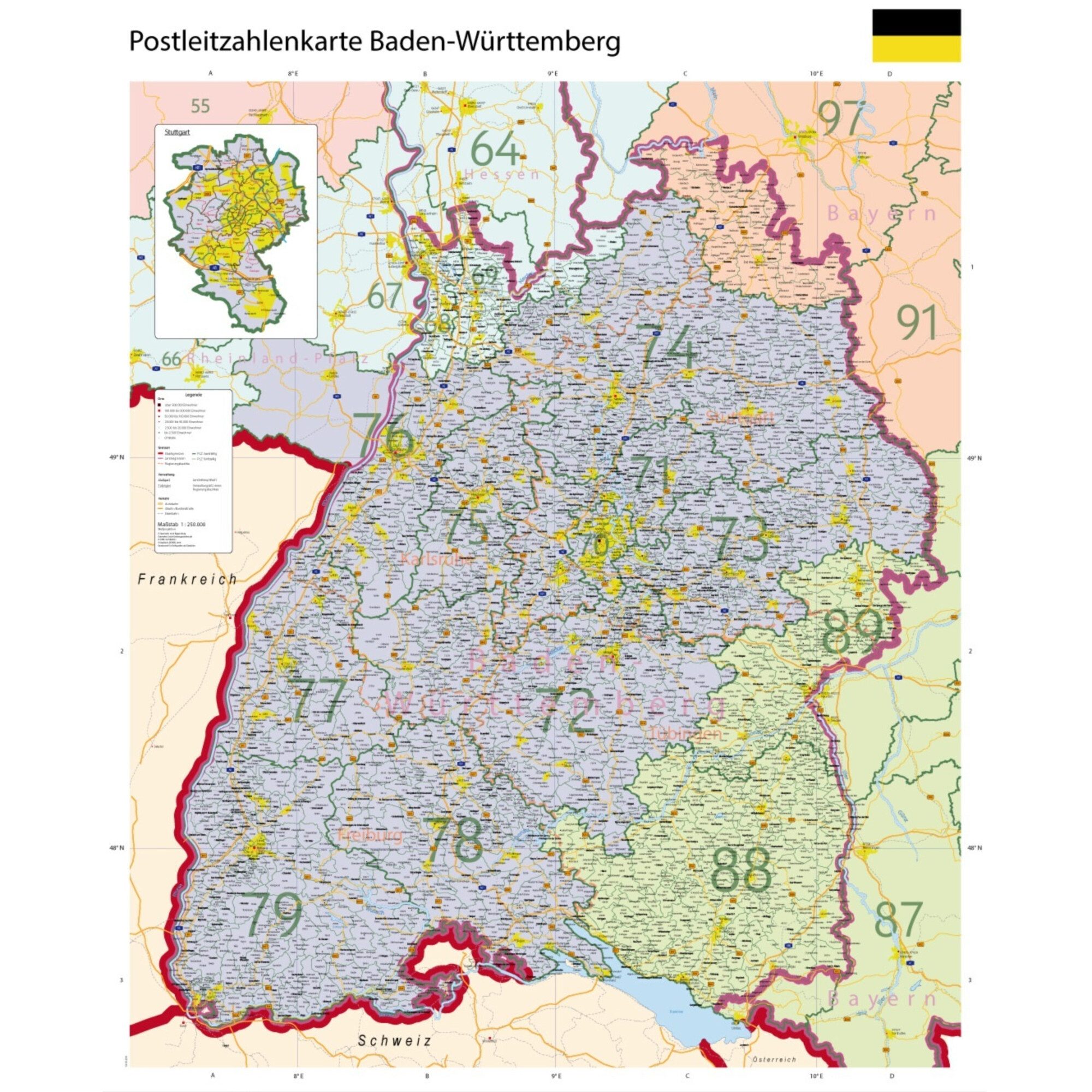 GeoMetro Wandbild GeoMetro Regional-Karte Baden-Württemberg Postleitzahlen PLZ (100 x