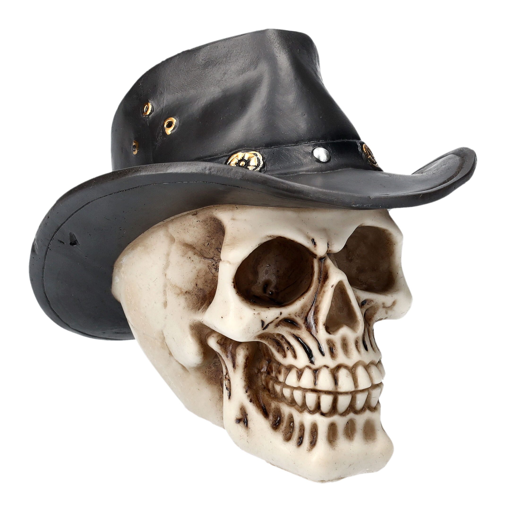 Figuren Shop GmbH Dekofigur Totenkopf - Cowboy - Gothic Dekoration Dekofigur Totenschädel