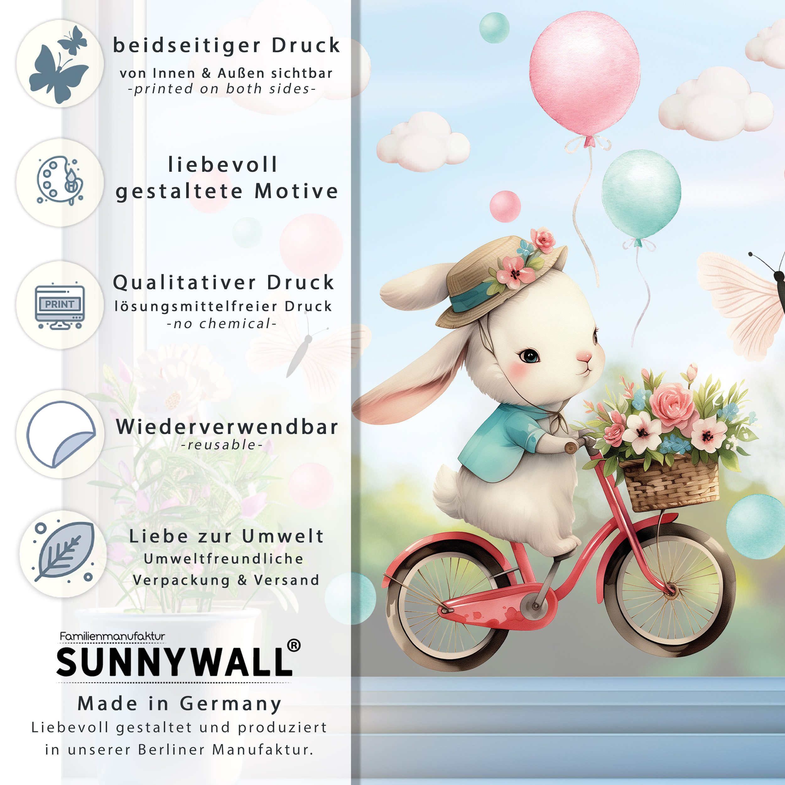 Sunnywall Fensterdekoration wiederverwendbares Fensterbild Hase auf Fahrrad Ballon Schmetterling, wiederverwendbar, statisch haftend, beidseitiger Druck – Bild 5 von 5