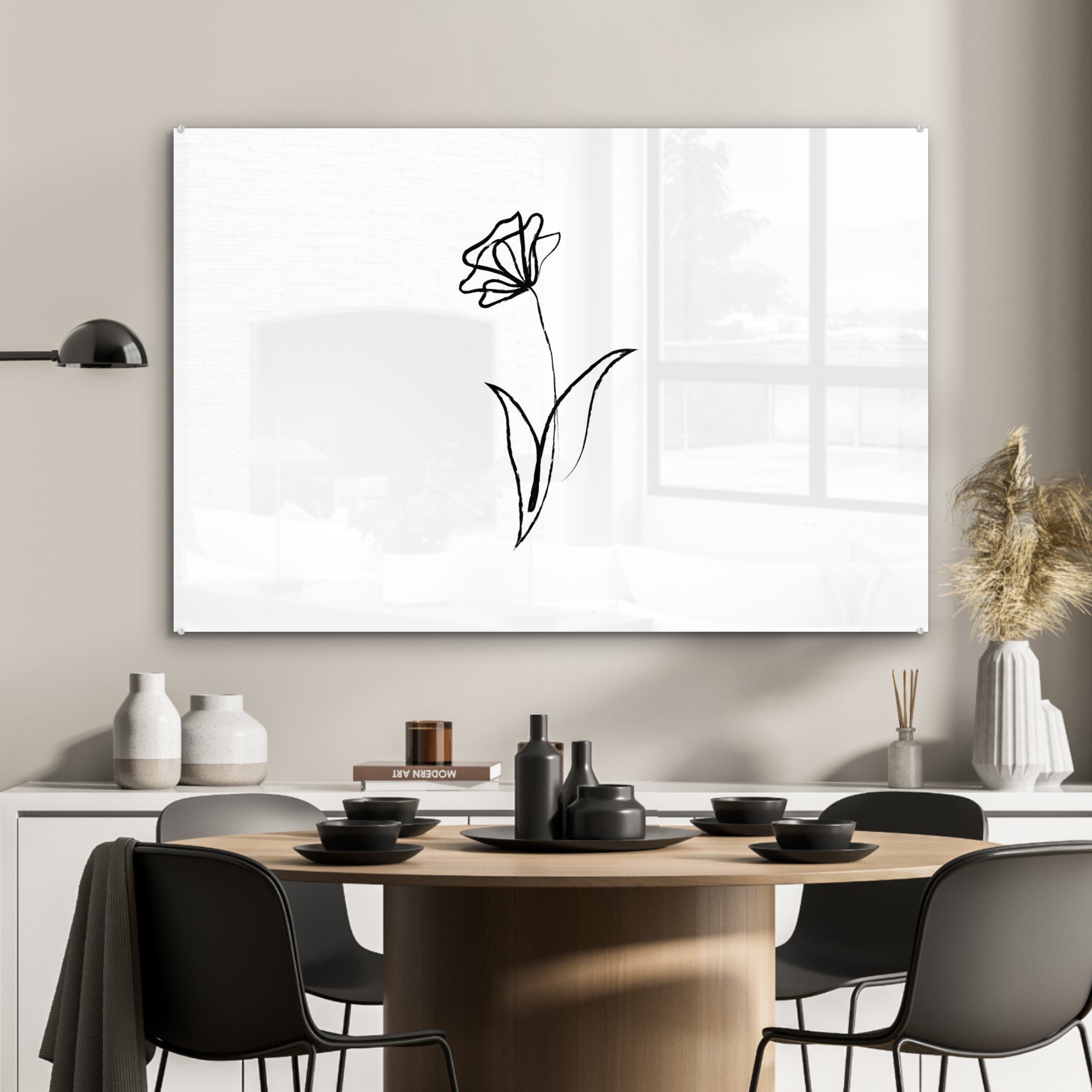(1 Wohnzimmer - Acrylglasbilder Linienkunst MuchoWow & - St), Acrylglasbild Schlafzimmer Minimalismus, Tulpen