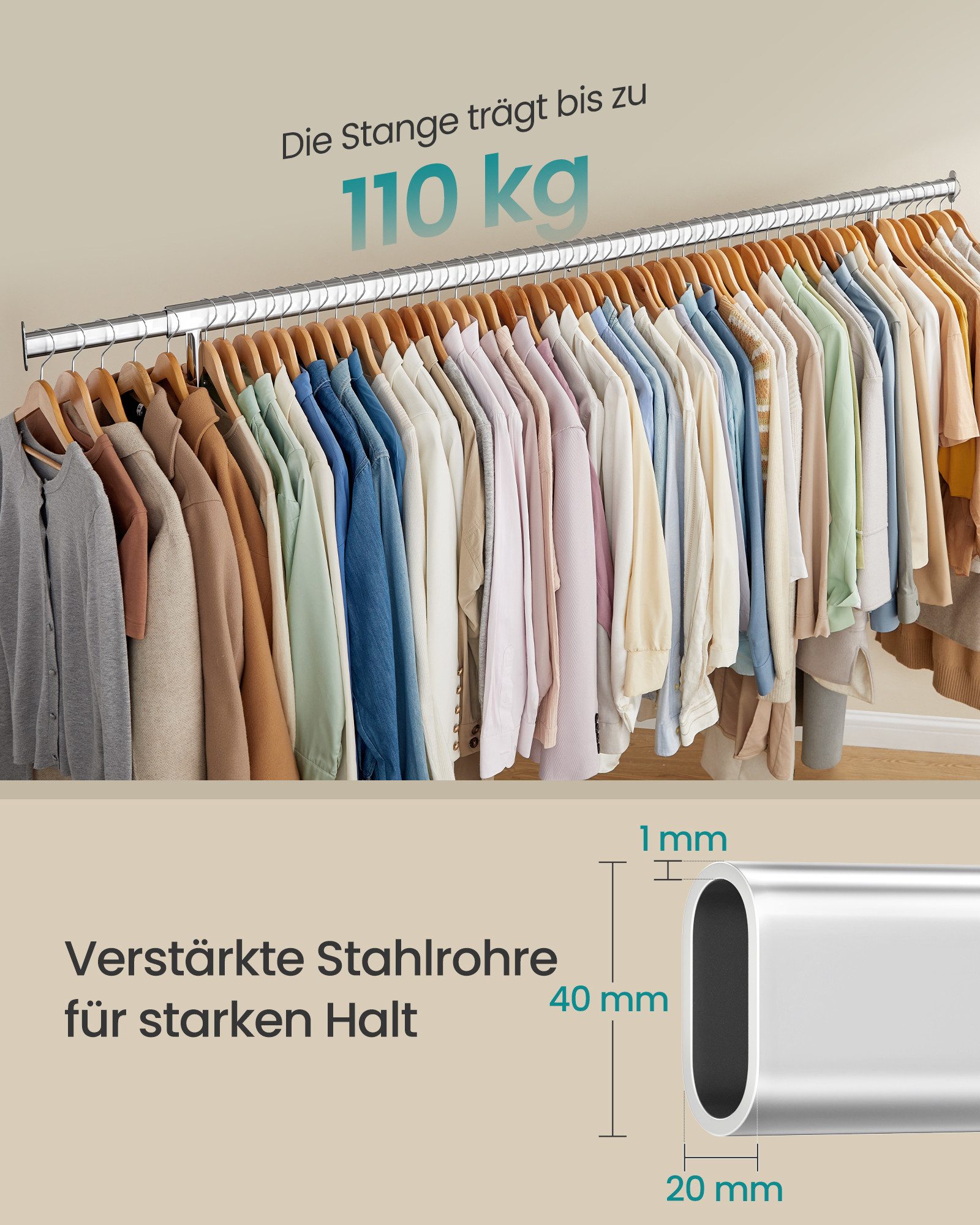 SONGMICS Kleiderständer auf Rollen, Garderobenständer, hochbelastbar, aus Metall, verchromt, ausziehbare Kleiderstange, bis 110 kg belastbar, 45 x 200 x 162,9 cm