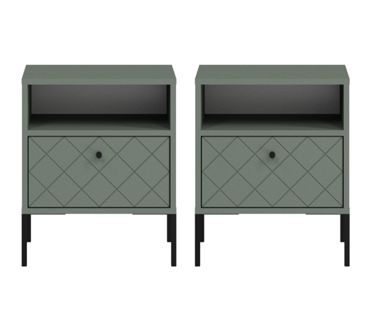 Feldmann-Wohnen Nachtschrank Vitoria (2 Schubladen, 2 offene Fächer, 2-St., moderne Optik, 2er-Set, Metallfüße, Knopfgriffen) 2er-Set Nako 44x38x53cm grün