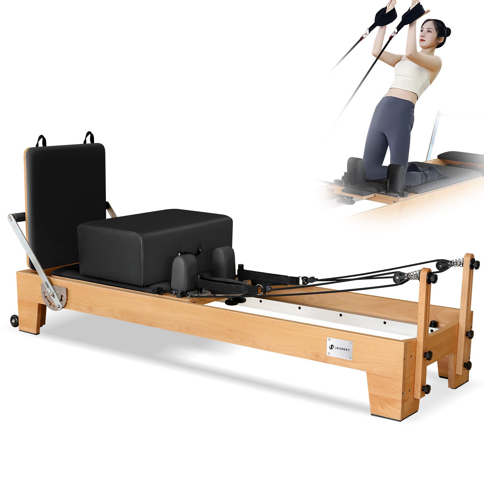 JASPORT Pilates-Reformer P80 aus Buchenholz, 450KG Belastbar, (ausgestattet mit Federn, Sitzbox, Jumpboard und Zubehör), für Studio und Zuhause