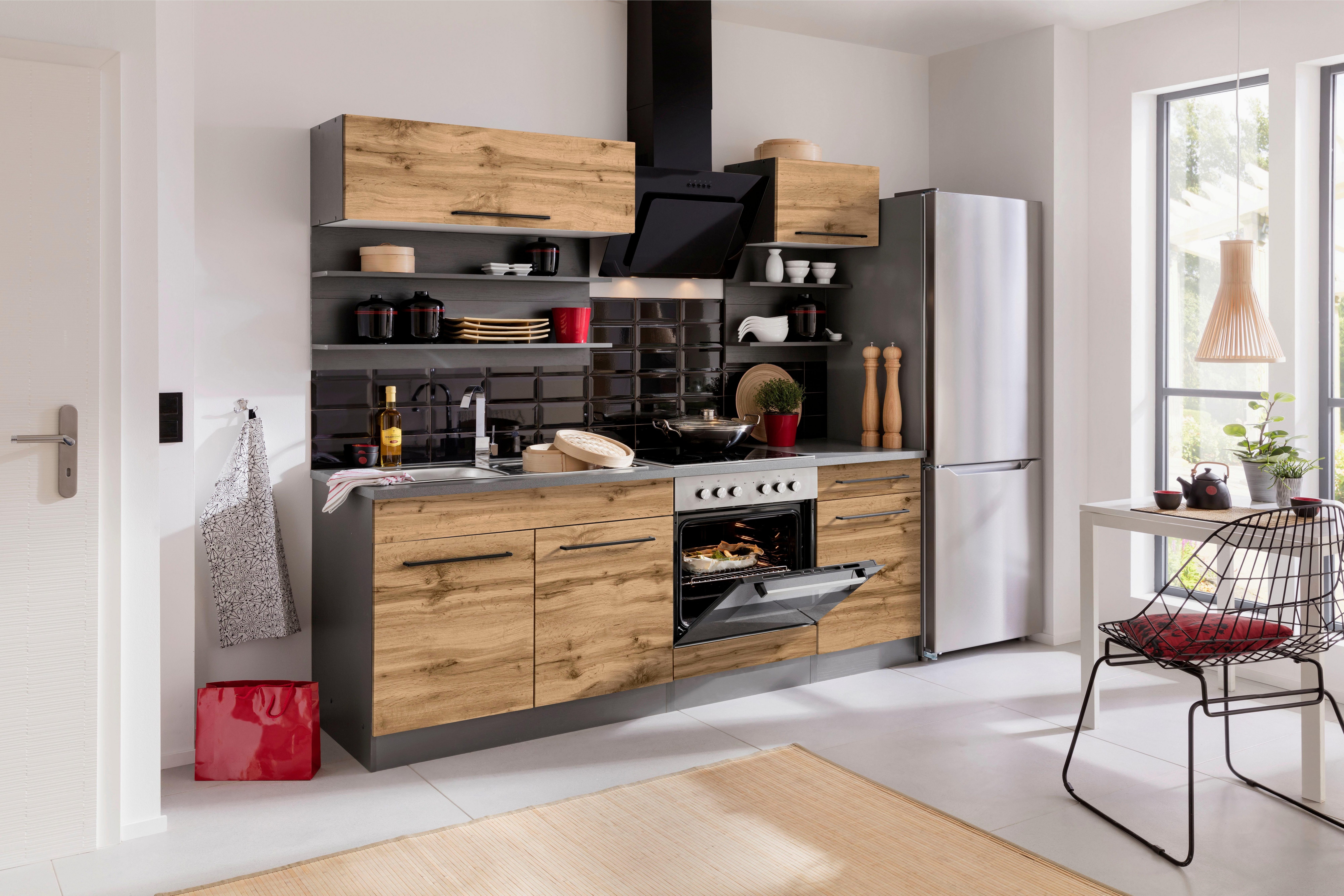 KOCHSTATION Küchenzeile KS-Tulsa, Breite 210 cm, schwarze Metallgriffe, hochwertige MDF Fronten