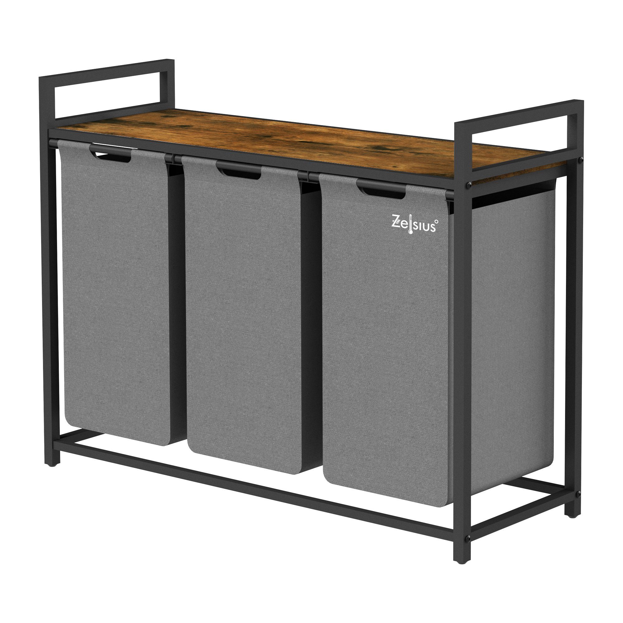 Zelsius Wäschekorb Wäschesammler 3 Fächer, Grau, 92,5 x 33 x 72 cm, mit Ablage