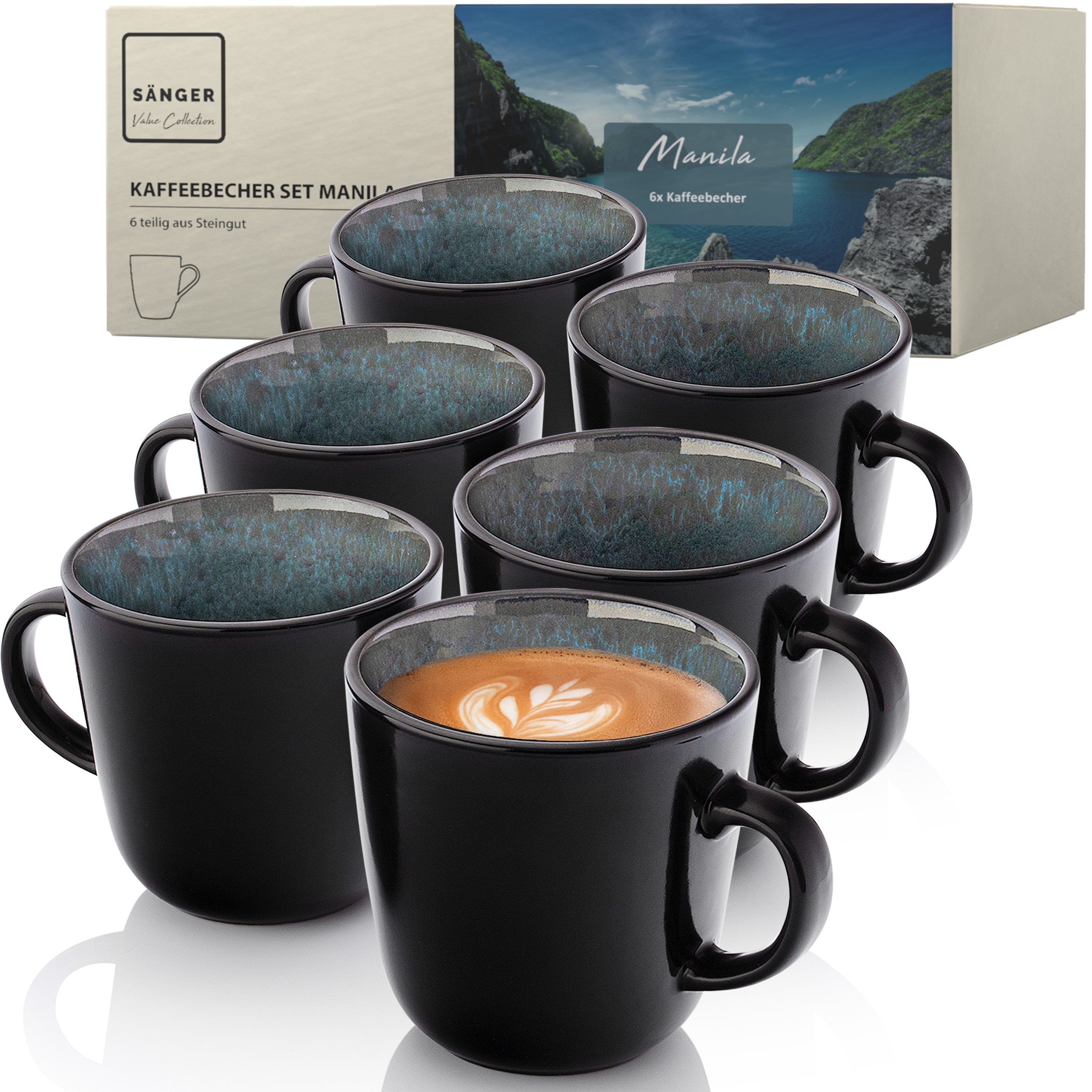 SÄNGER Becher Manila Kaffeetassen, 6-tlg., Steingut, 400 ml, ⌀10x10cm, Handmade, Blau-Schwarz, VALUE COLLECTION