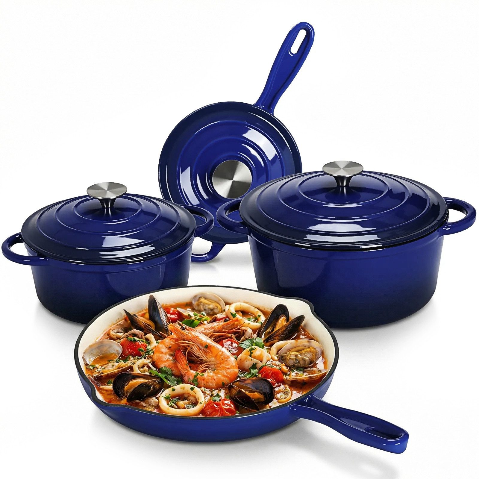 TLGREEN Topf-Set 4‑teiliges emailliertes Gusseisen Topf‑Set, (Ofenfest Kochgeschirr‑Set mit Emaille‑Beschichtung, Induktionsgeeignete Schmortöpfe für Gas‑,Elektro‑ und Glaskeramikherde), gleichmäßige Wärmeverteilung für Braten, Schmoren und Kochen