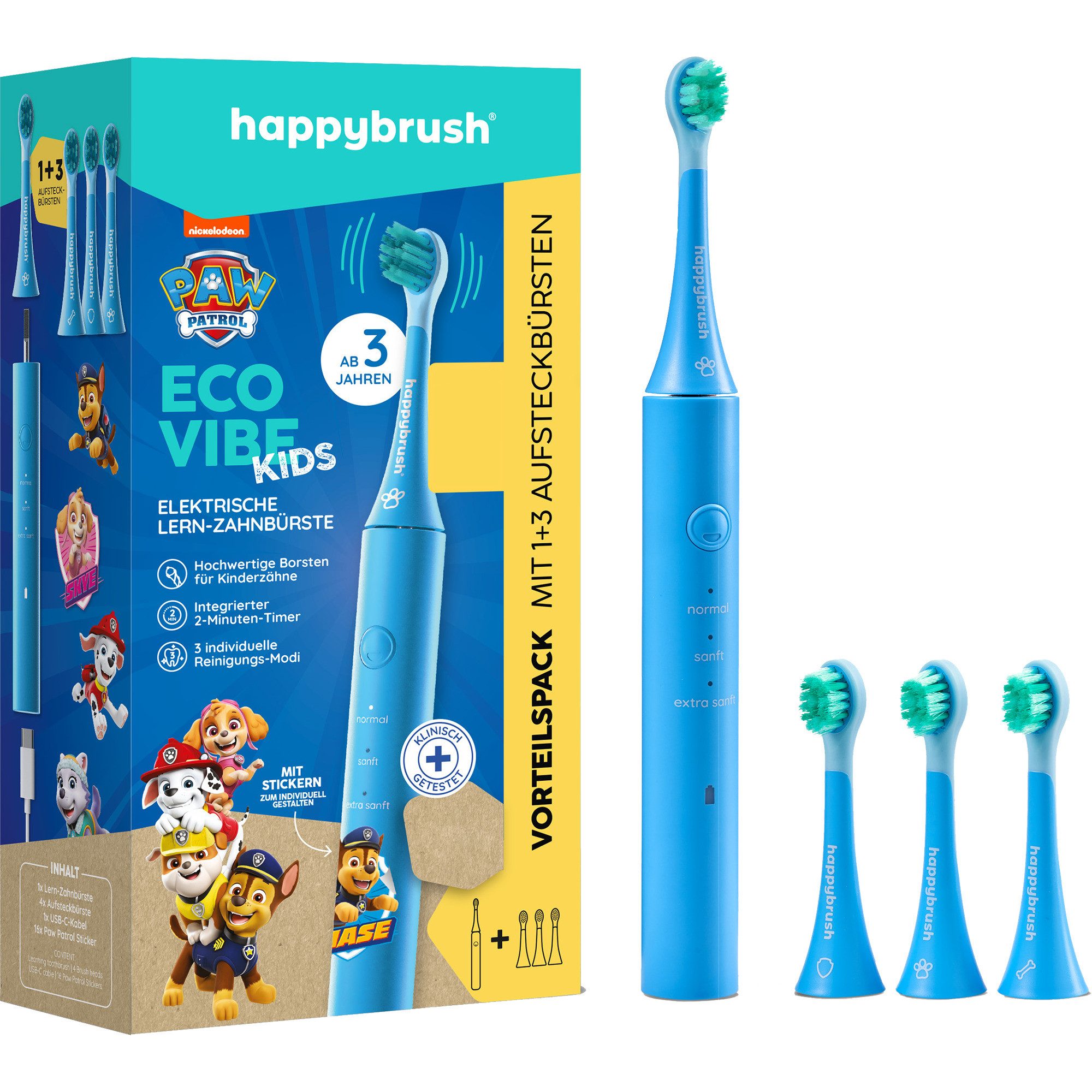 happybrush Elektrische Zahnbürste happybrush ECO VIBE KIDS Paw Patrol + 3 Refills