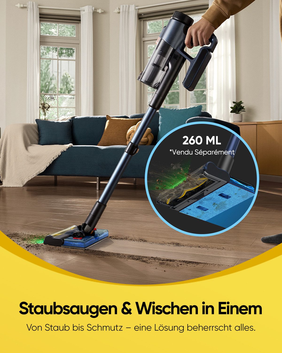 Vactidy Akku-Hand-und Stielstaubsauger V12 akkustaubsauger,70000PA/600 W/Saugen & Wischen gleichzeitig, 600 W, beutellos, Abnehmbarer Akku,V-förmige Antiwickelbürste,LED,Abschaltsog-Funktion