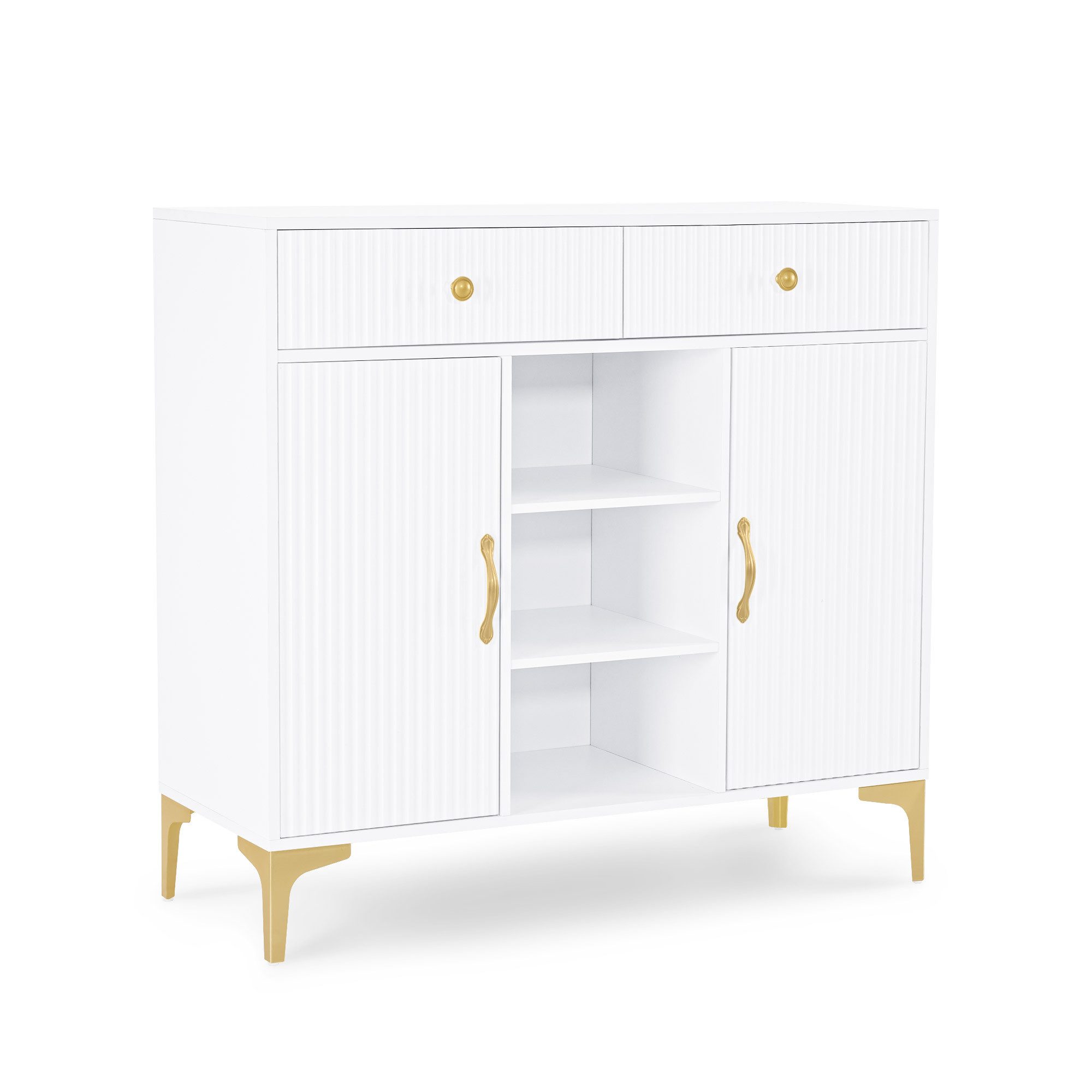 Barberpub Gerätehaus BarberPub Sideboard mit 2 Schubladen & 2 Türen Weiß 6647, mit 3 Offenen Fächern & 2 Verstellbaren Ablagen, Beistellschrank