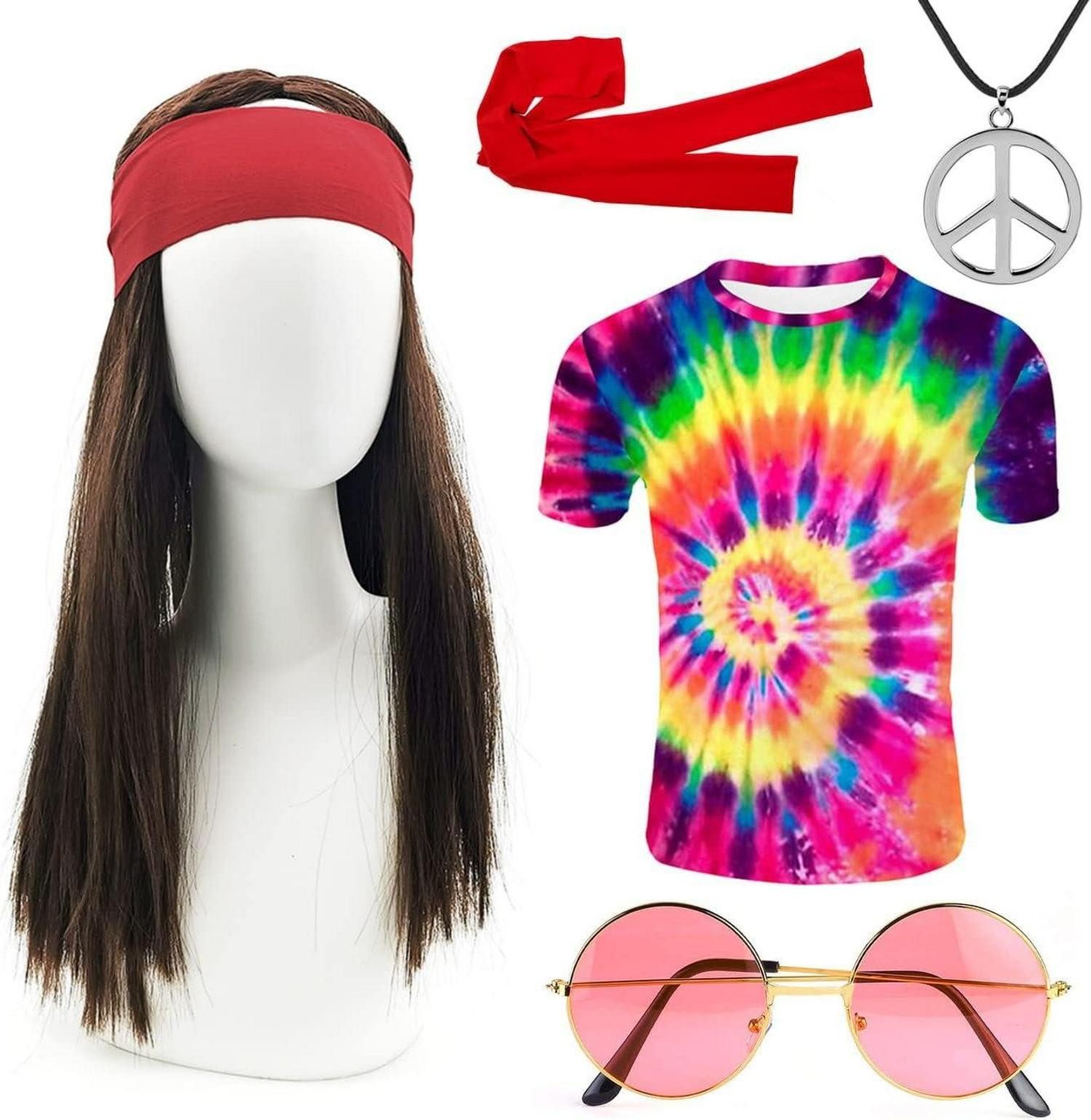 Hängedekoration 70er Hippie Kostüm Set 5-teilig T-Shirt Perücke Brille Peace Halskette