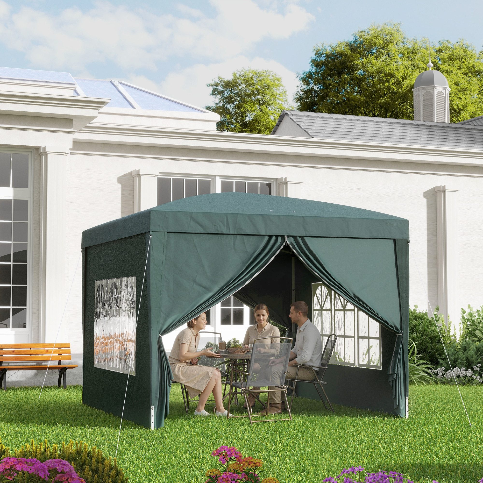 Outsunny Faltpavillon Pavillon 3x3m wasserabweisend UV Schutz 50+ Faltbar Partyzelt, mit 4 Seitenteilen, (Gartenzelt, Festzelt), für Garten, Terrasse, Stahl Oxford, Grün