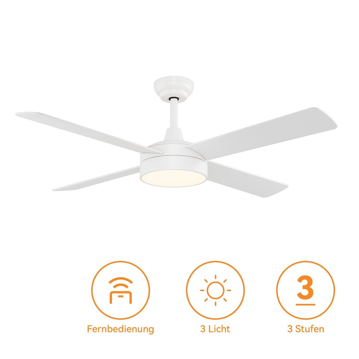 SONNI Deckenventilator weiß Ø132cm mit LED Licht Fernbedienung mit Beleuchtung, 3 Farbe 4 Flügel 3 Leistungsstufen