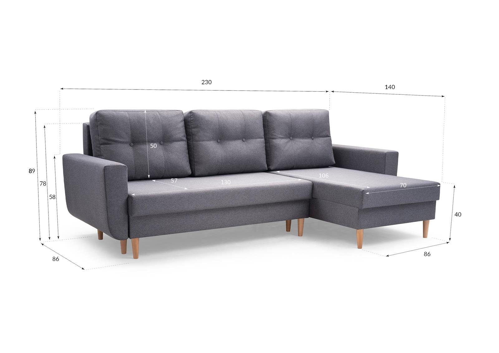 Beautysofa Polsterecke Couch Sofa Ecksofa Schlaffunktion, mit (malmo ONLY, Dunkelgrau universelle mit 95) new mane