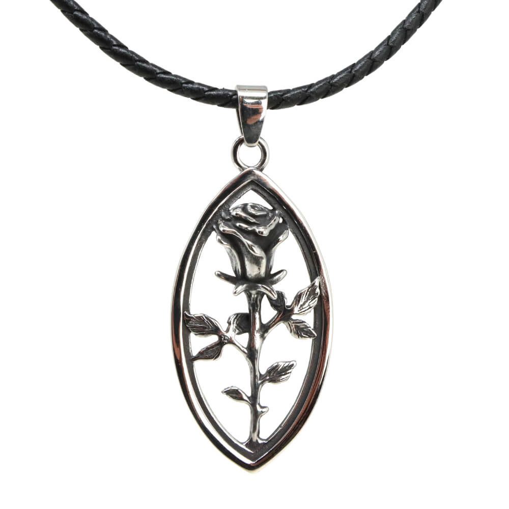 Kette mit Anhänger Lederkette Edelstahlkette 316L BLATT ROSE