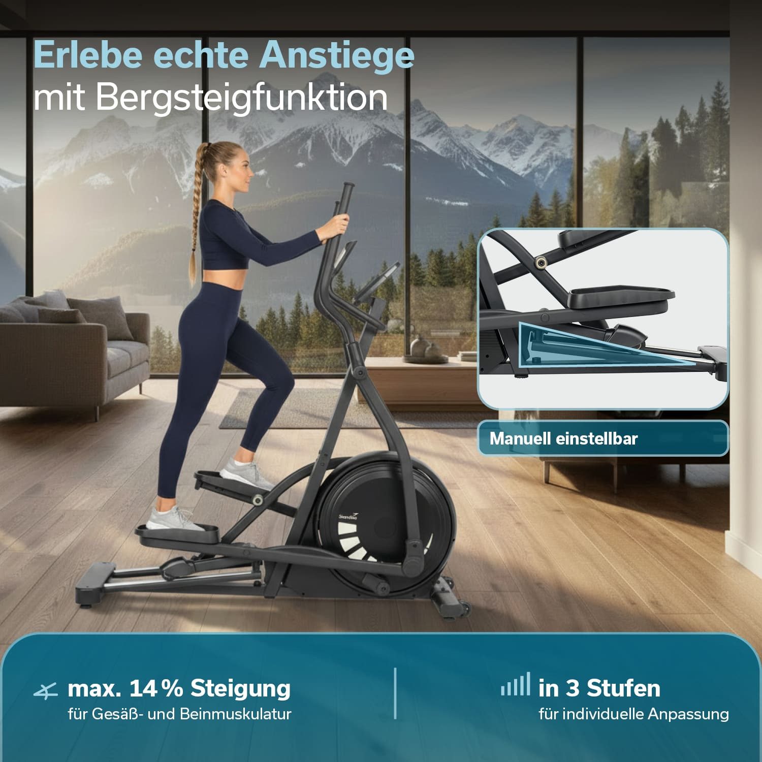 Skandika Crosstrainer für Zuhause Carbon P23-S, Ellipsentrainer, Steigungsfunktion (Kinomap App kompatibel, bis 135 kg, Transportrollen, Tablet-Halterung), Rahmen aus Eisen, 32 Stufen, 22 Programme, Magnetbremse, Bluetooth
