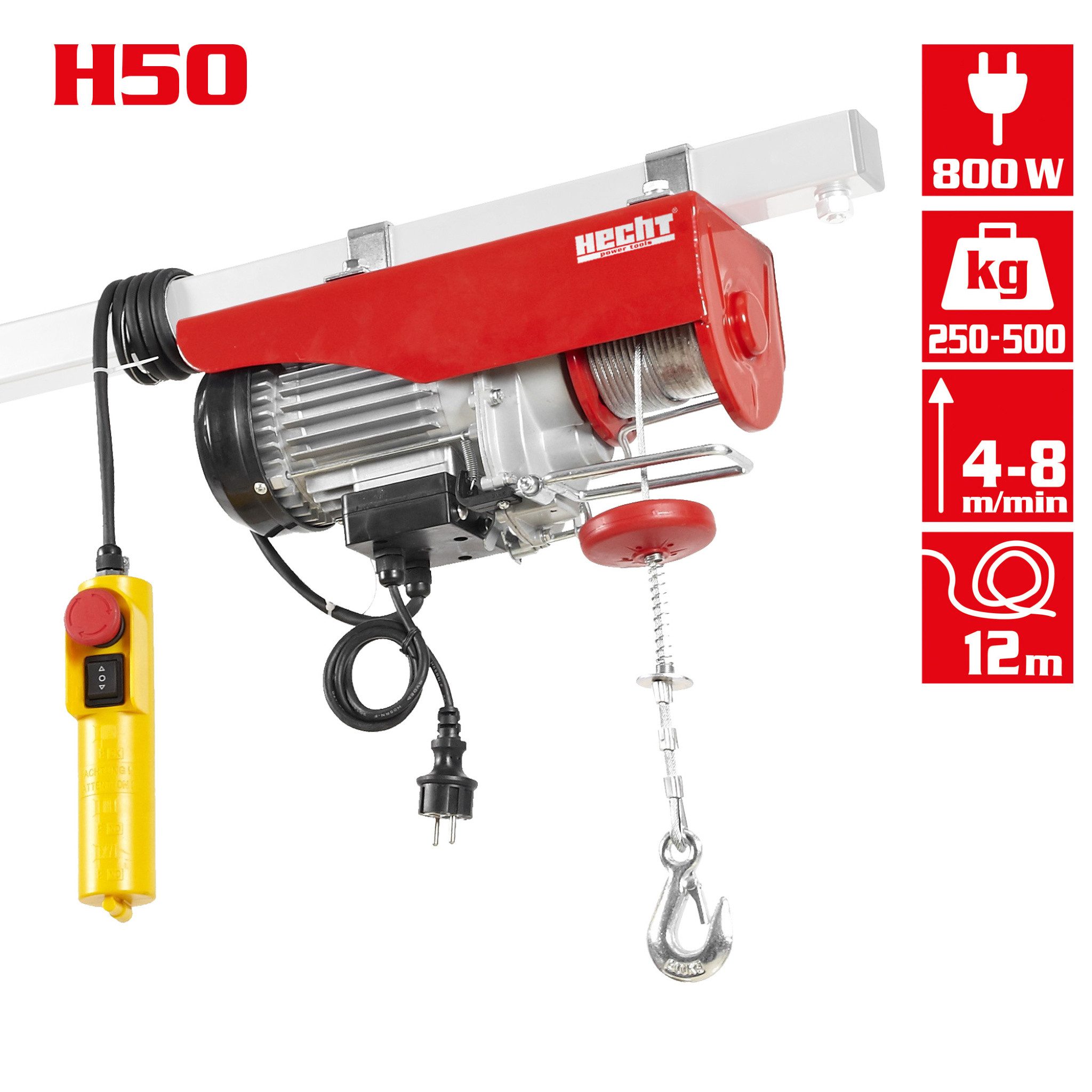 Hecht Seilwinde 250-500 kg Zugkraft, 800W, 4-8 m/min, 4 mm Stahlseil, 6-12m Hubhöhe, 1,5 m Steuerkabel, Überhitzungsschutz