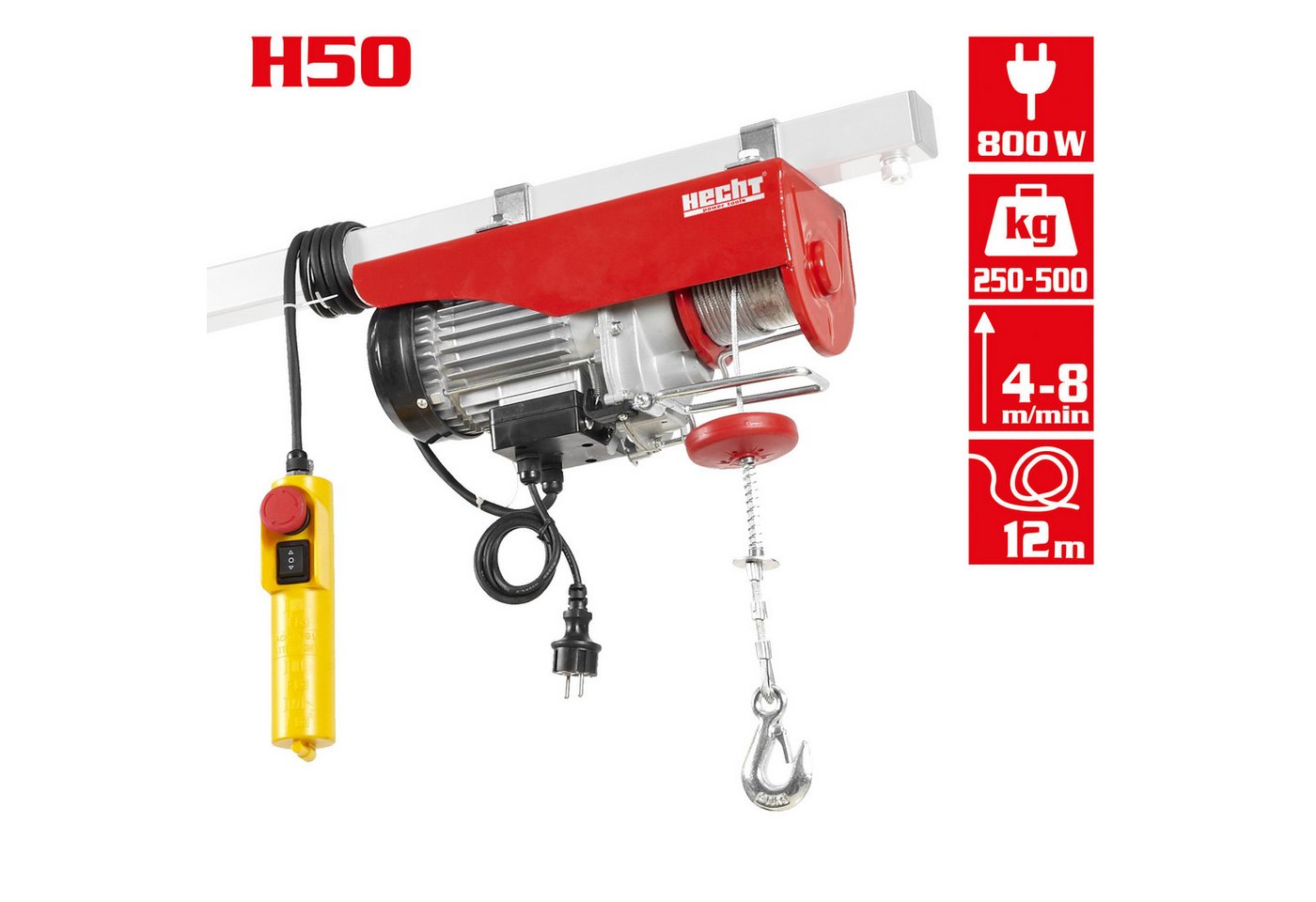 Thumbnail - Hecht Seilwinde 250-500 kg Zugkraft, 800W, 4-8 m/min, 4 mm Stahlseil, 6-12m Hubhöhe, 1,5 m Steuerkabel, Überhitzungsschu...