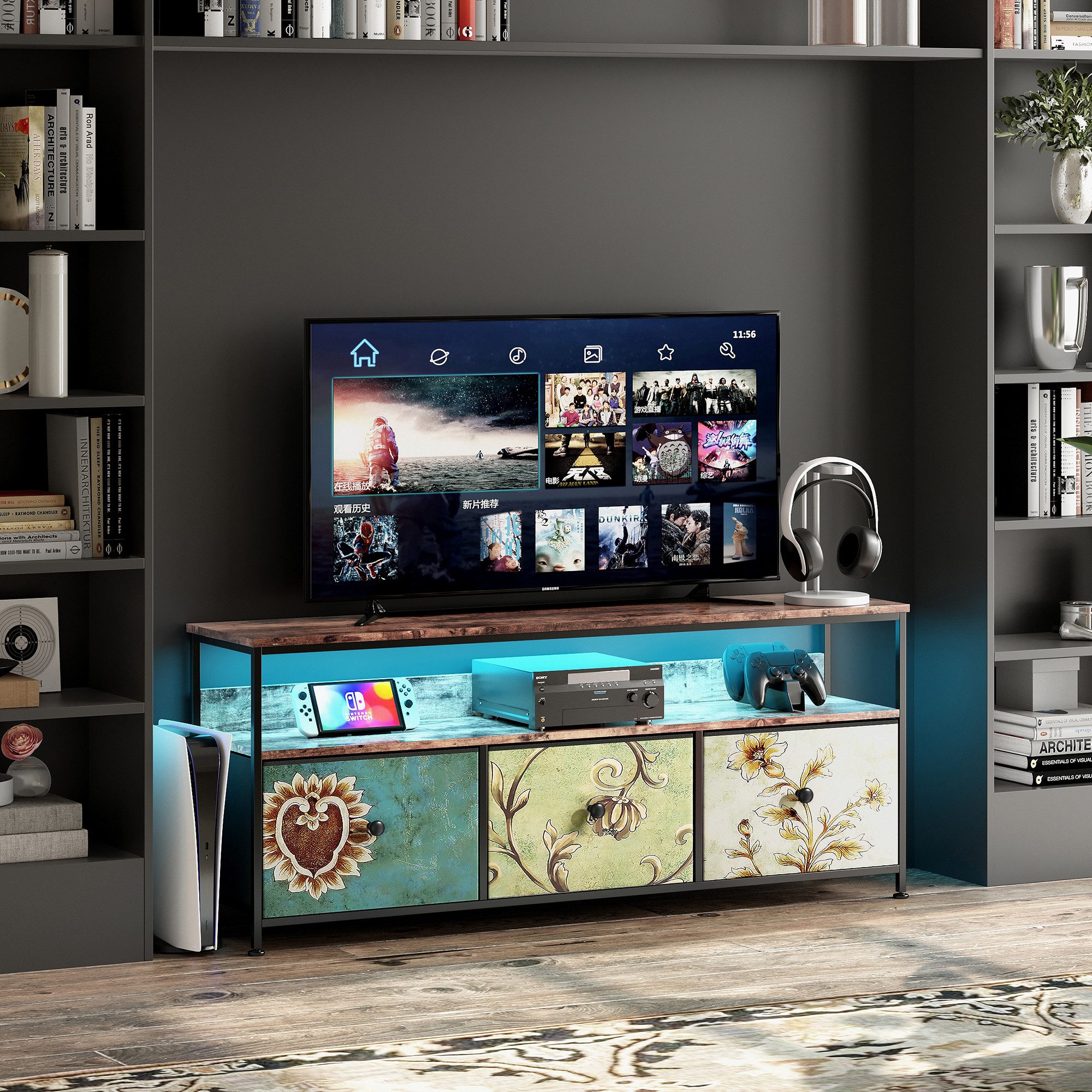Furnishings Home TV-Schrank Mit LED-Beleuchtung Lowboard TV-Schrank 16-farbigen (1-St) Mit 1 Regal und 3 Stoff Schubladen, TV-Bank für Wohnzimmer Schlafzimme