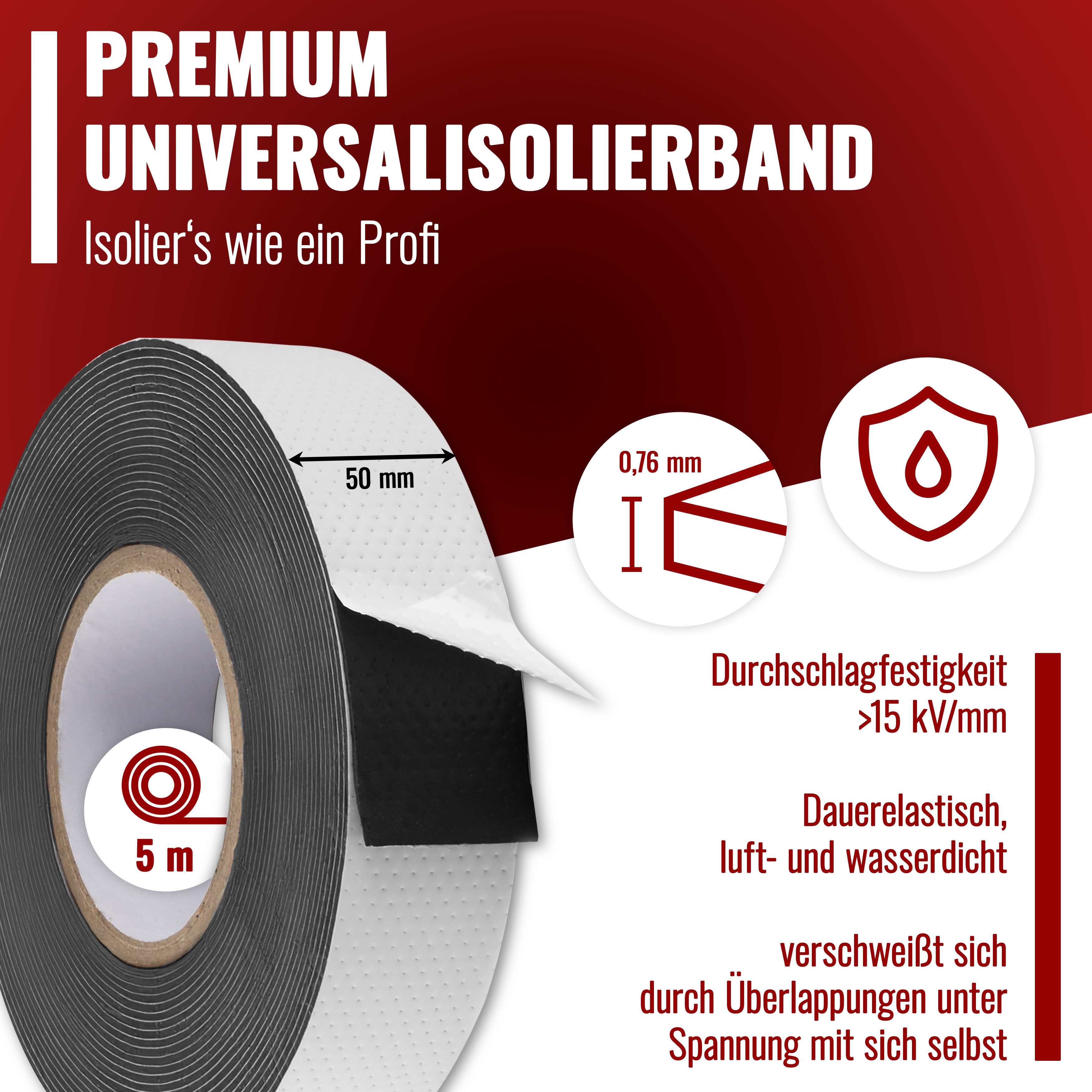 Poppstar Dichtband Premium selbstverschweißendes Isolierband bis zu 69kV (1-St) universales Dichtungsband für Elektro, Luft & Wasser