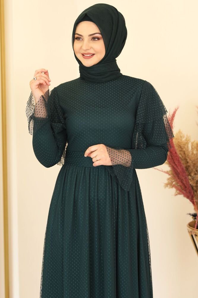 gepunktetem aus Hijab Abaya Kleid Abendkleid Smaragd-Grün Tüllkleid Abiye Modavitrini Tüll