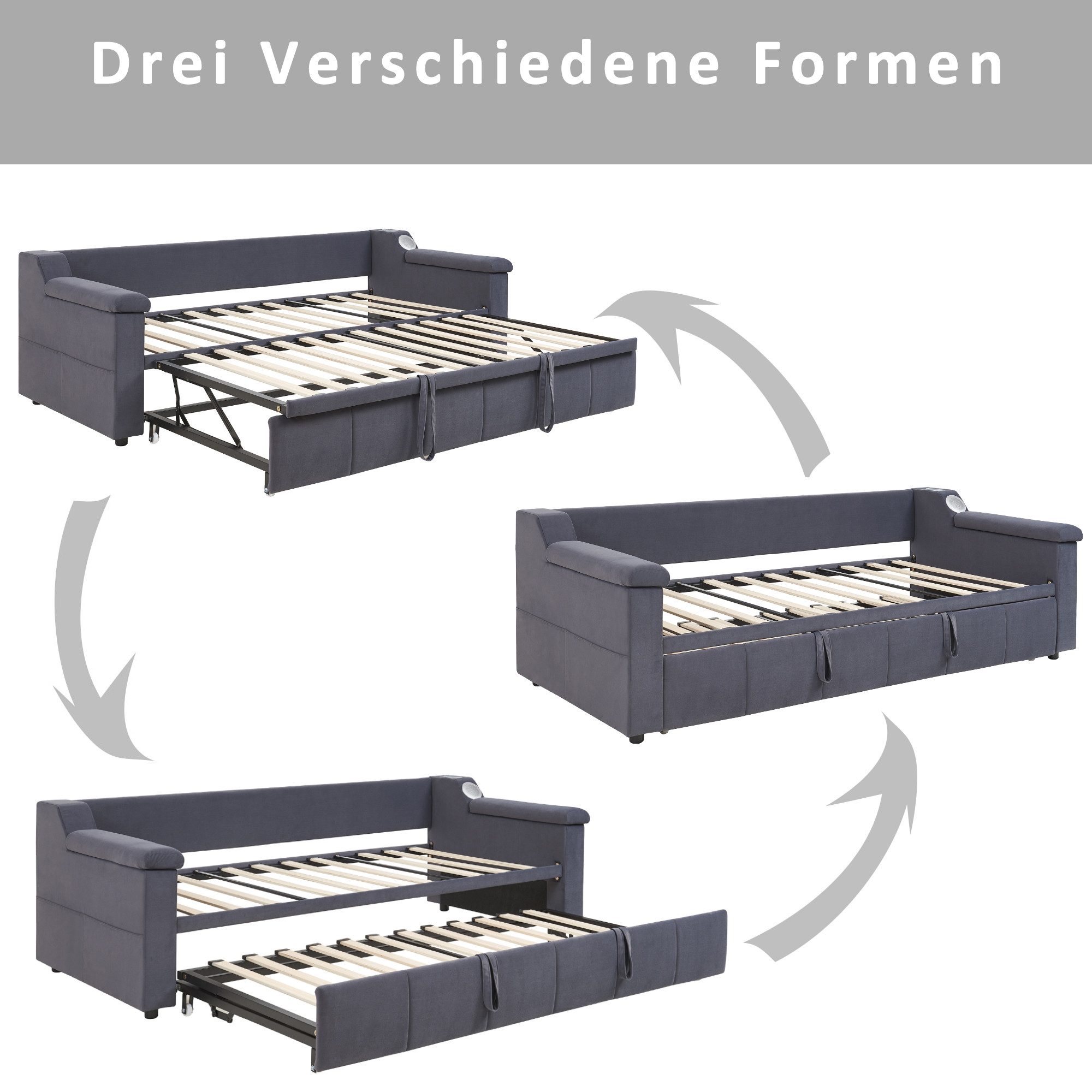 MC Star Schlafsofa Armlehnen Breiter und Dicker, Mit Smart Bluetooth-Stereoanlage, Mit USB-Ladeanschluss, Mit Ablagefächern, Mit Lattenrost, Samtstoff