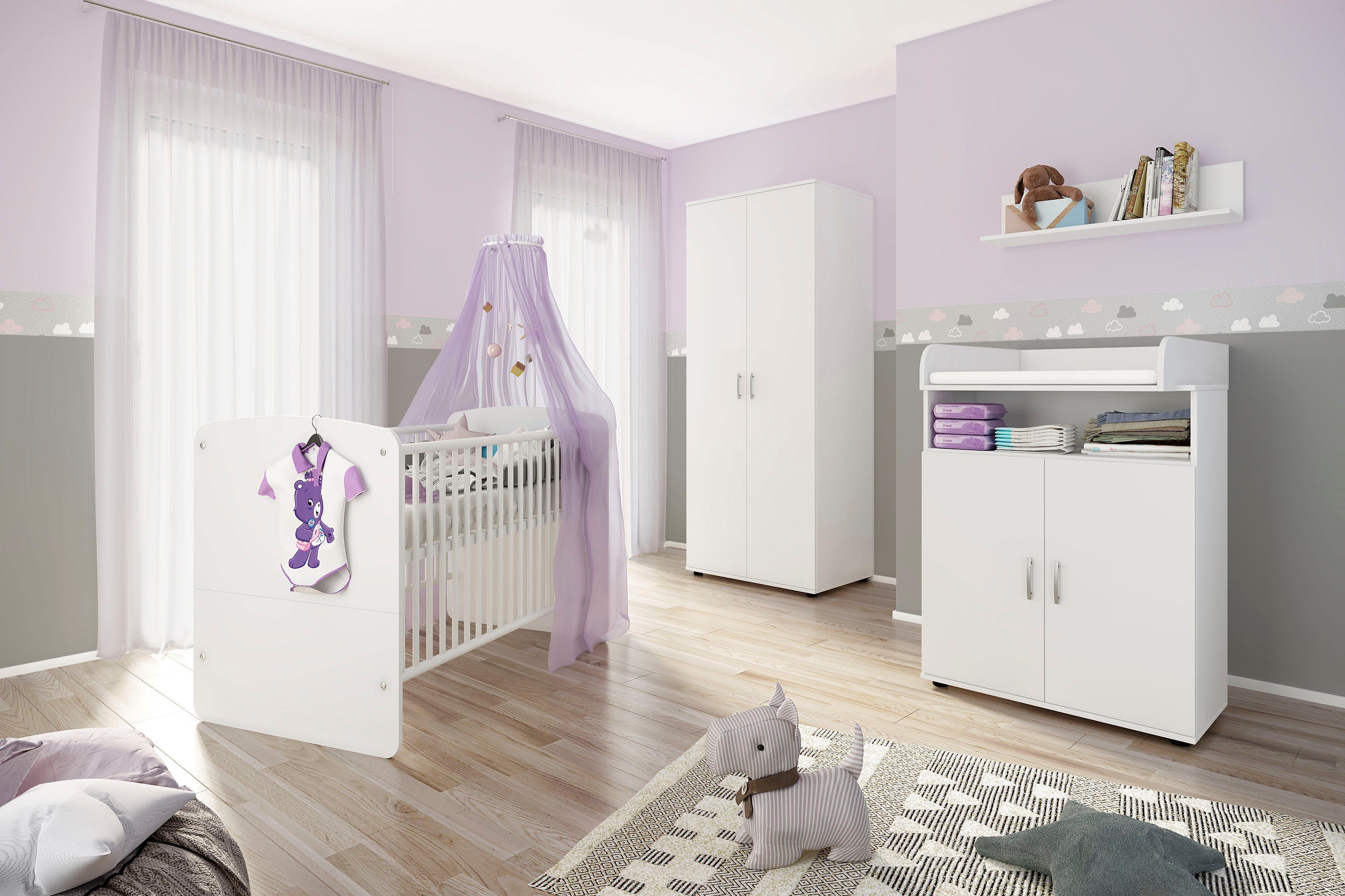 Kleiderschrank), Lüttenhütt cm, Babybett, Weiß best. Babymöbel-Set, Babyzimmer aus Wickelaufsatz, aus: Babybett 3 Set Wandboard, Kommode, (Set 140 Farbausführungen x 70