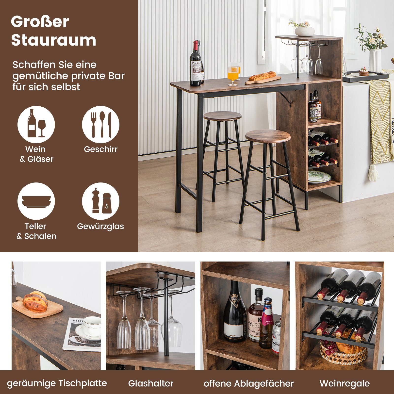 COSTWAY Bartisch (3 TLG. mit Hockern), mit Weinregal & Halterungen