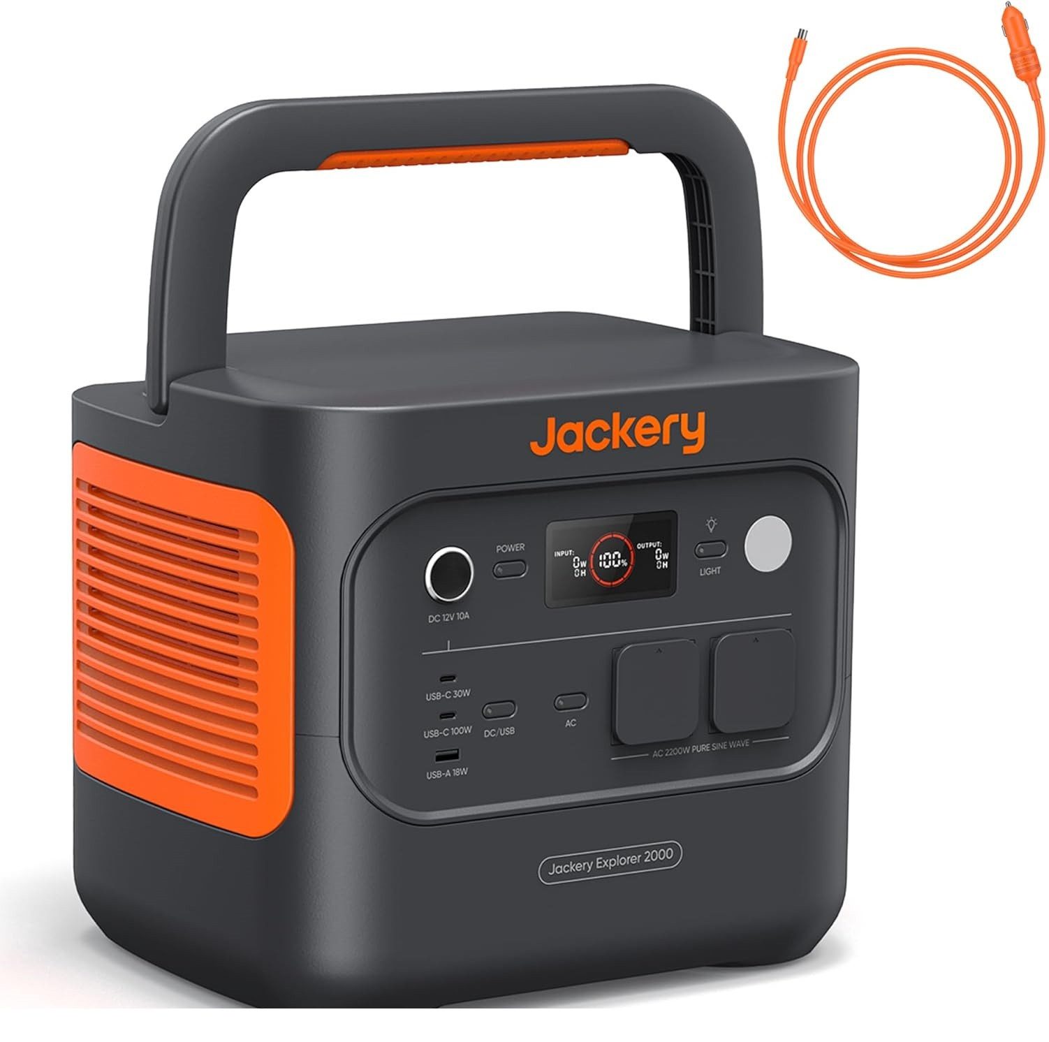 Jackery Stromerzeuger E2000 v2 tragbare Powerstation mit DC8020 Kfz-Ladekabel 2042Wh/2200W, 4,4 in kW, LiFePO4 Solargenerator Schnellladung in 52 Min für Notfall, Camping