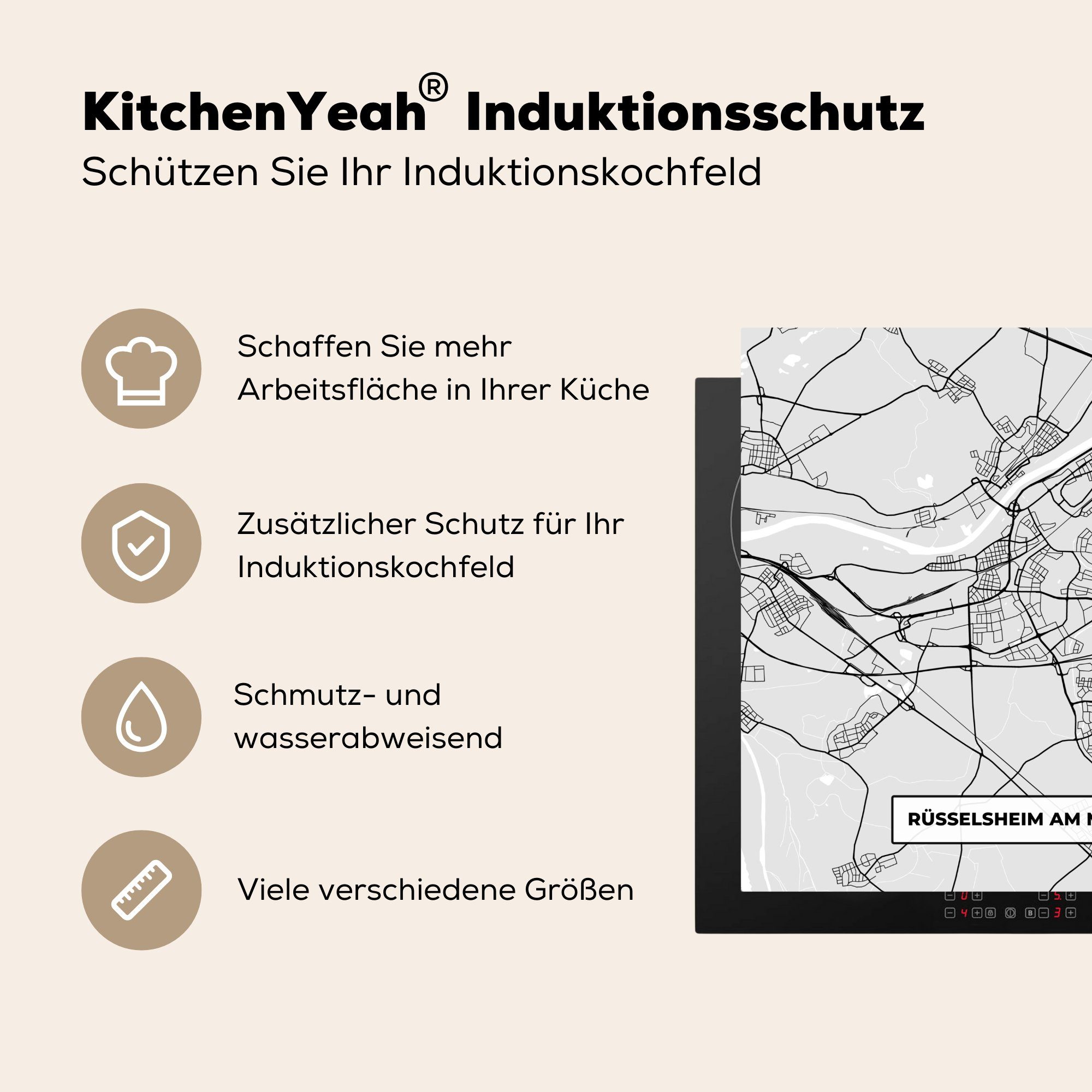 für MuchoWow - - Vinyl, cm, Karte, tlg), (1 Karte Rüsselsheim Am Stadtplan küche Main Arbeitsplatte 78x78 - - Deutschland Herdblende-/Abdeckplatte Ceranfeldabdeckung,