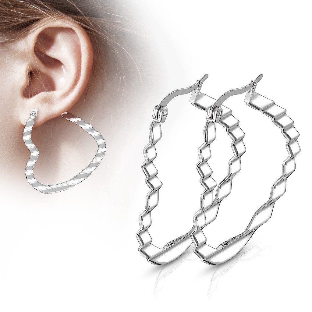 BUNGSA Ohrring-Set Creolen Ohrhänger Herz Wellen-Design silberfarben 4cm Edelstahl Damen (1 Paar (2 Stück), 2-tlg), Ohrschmuck Ohrringe