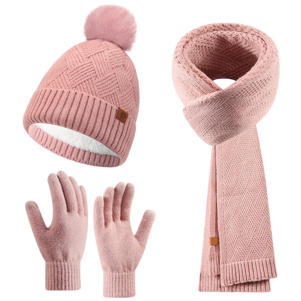 Coonoor Mütze & Schal Damen Winter-Set, Mütze mit Bommel, Schal & Touchscreen-Handschuhe (3-tlg) Fleece gefüttert, warmes 3-in-1 Geschenkset
