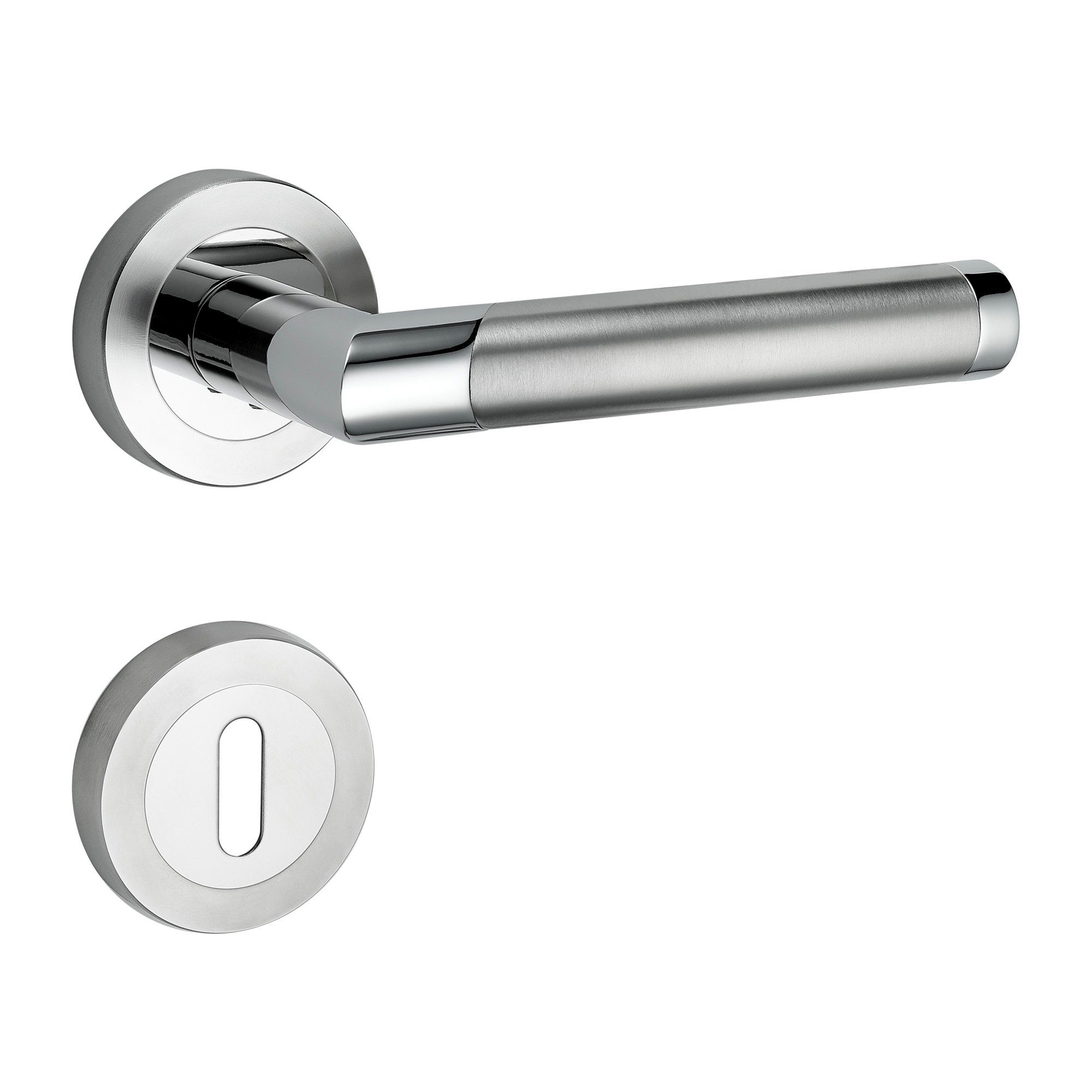 Türbeschläge24 Drückergarnitur Core 2, festdrehbar gelagert, Schraubrosettenoptik, Schnellmontage, Bicolor Chrom/Edelstahl matt