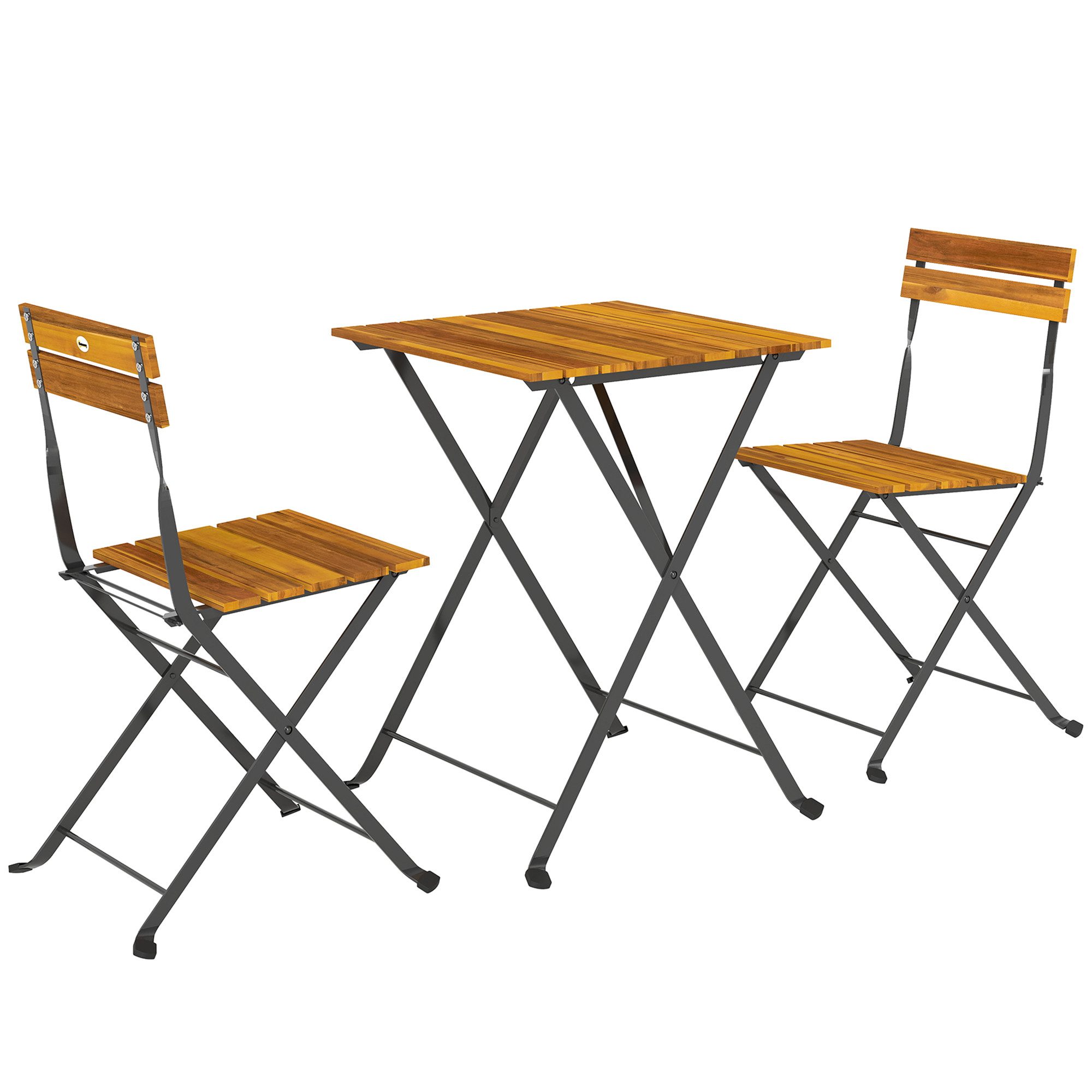 Outsunny Balkonset klappbarer Esstisch mit 2 klappbare Stühle Stahlgestell, (Sitzgruppe, 3-tlg., Essgruppe), für Terrasse, Balkon Teak
