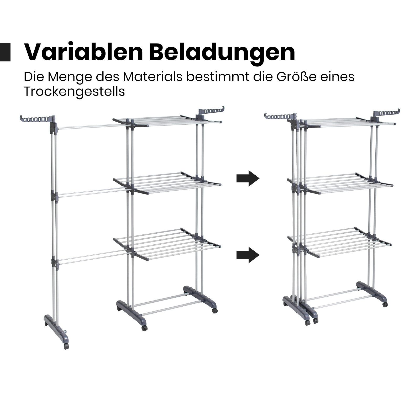 Oak&Tea Wäscheständer Turmwäscheständer Ausziehbarer Wäscheständer Turm für Balkon & Wohnung, XXL Standtrockner, 4 Ebenen, klappbare zwischen 83-200cm, mit Roll – Bild 4 von 5