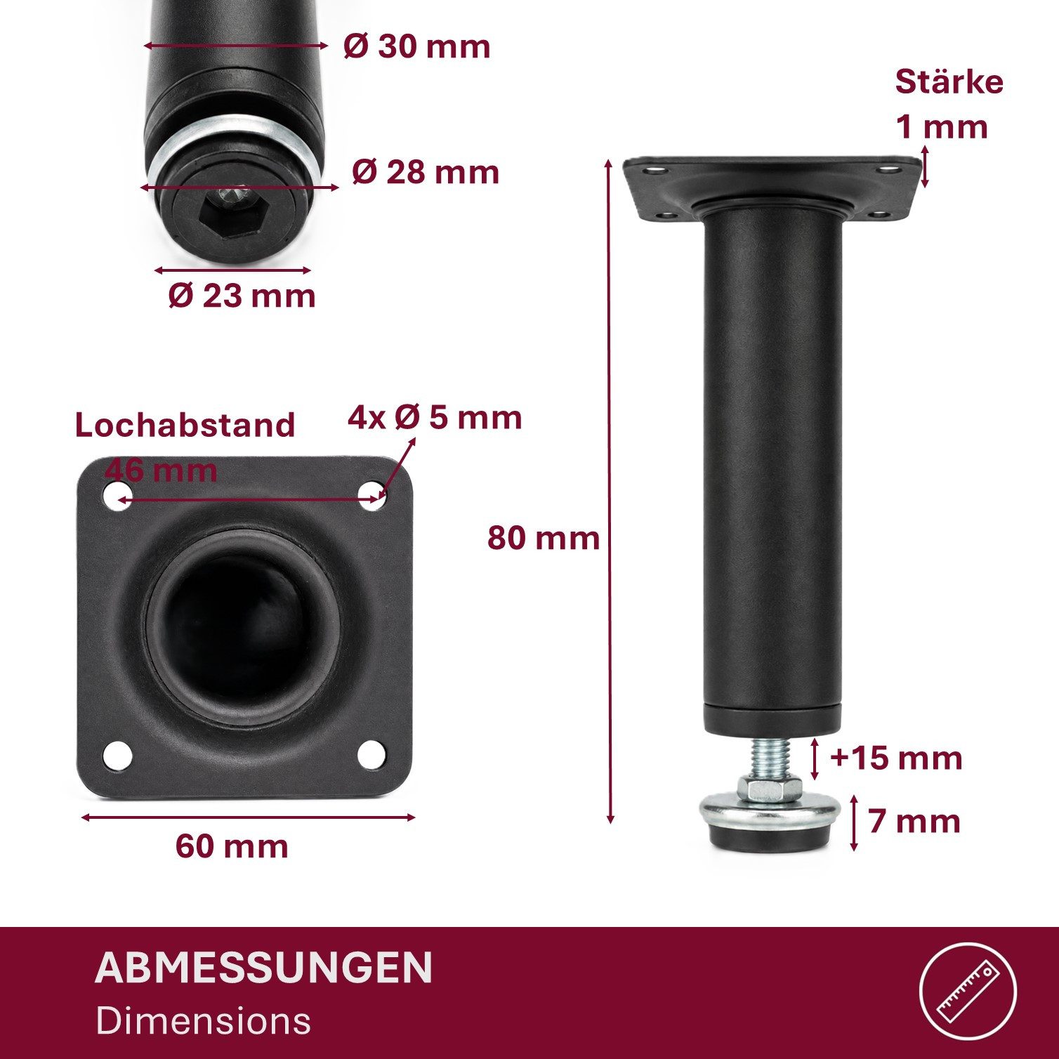 HOOZ Möbelfuß Edelstahl Schwarz Matt 80mm höhenverstellbar 4er Set Ø30mm, (Set, 4-St., 4er-Set Möbelbeine), Schwarz Matt, Ø 30 mm, höhenverstellbar bis 15 mm – Bild 4 von 5