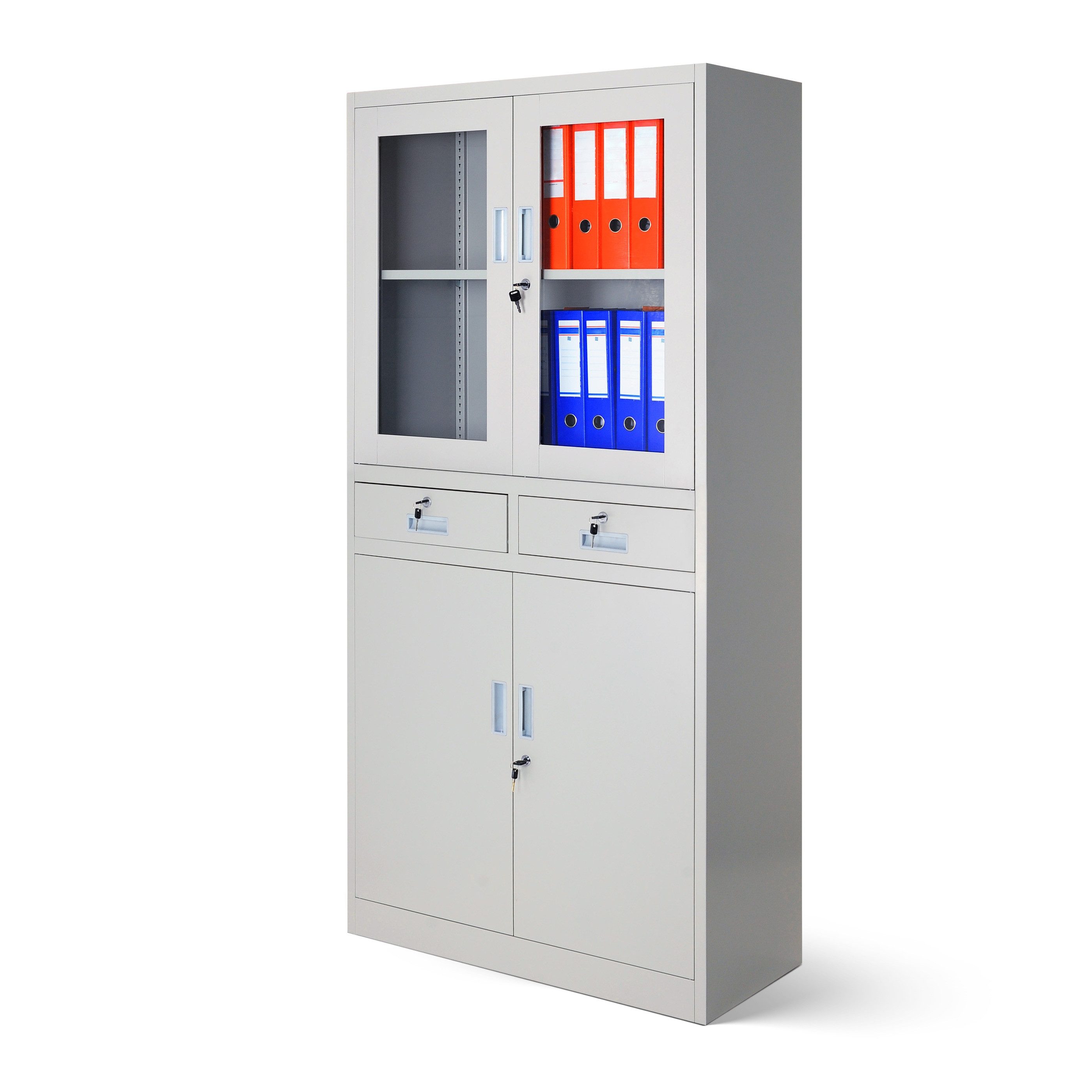 Jan Nowak Vitrine Metall Vitrinenschrank mit Schubladen 90 cm EDMUND Glasscheibe (Stahl 0,6 mm Wandmontage möglich PZH-zertifiziert 185 cm) Büroschrank abschließbar 2 Schubfächer Schloss 2 Schlüssel Grau