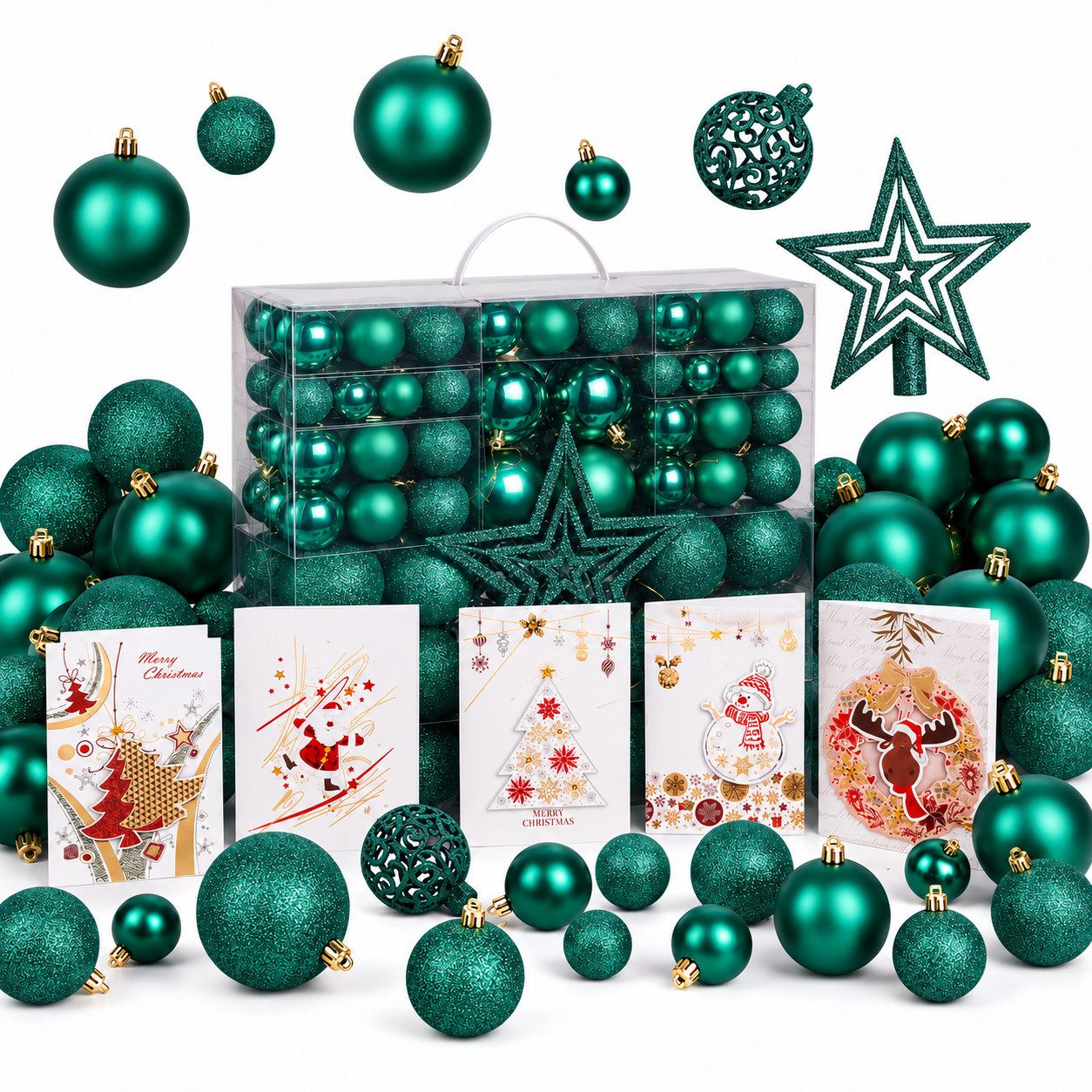 Onbest Weihnachtsbaumkugel Weihnachtskugeln 128-teiliges Set PLUS 5x Karten & 1x Baumspitze, in 3 Größen, 3 Designs, Weihnachtsschmuck Weihnachtsdeko