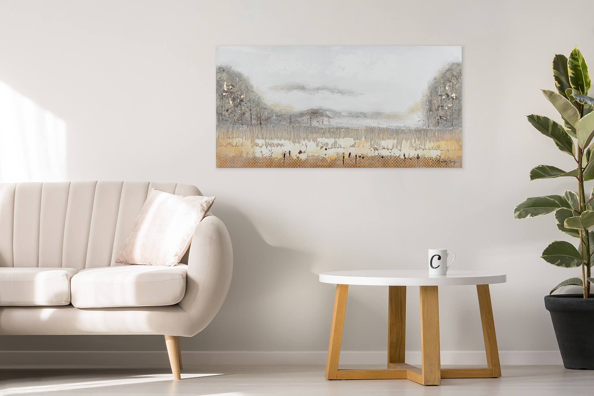 Leinwandbild 100% KUNSTLOFT 120x60 cm, in Mountains Wohnzimmer Gemälde HANDGEMALT Fog Wandbild