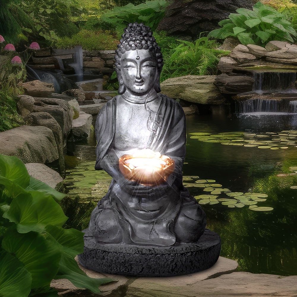 etc-shop LED Dekofigur, beleuchtete Kunststoff LED-Leuchtmittel fest Buddha Skulptur LED Lampe verbaut, Leuchte Solarlampe